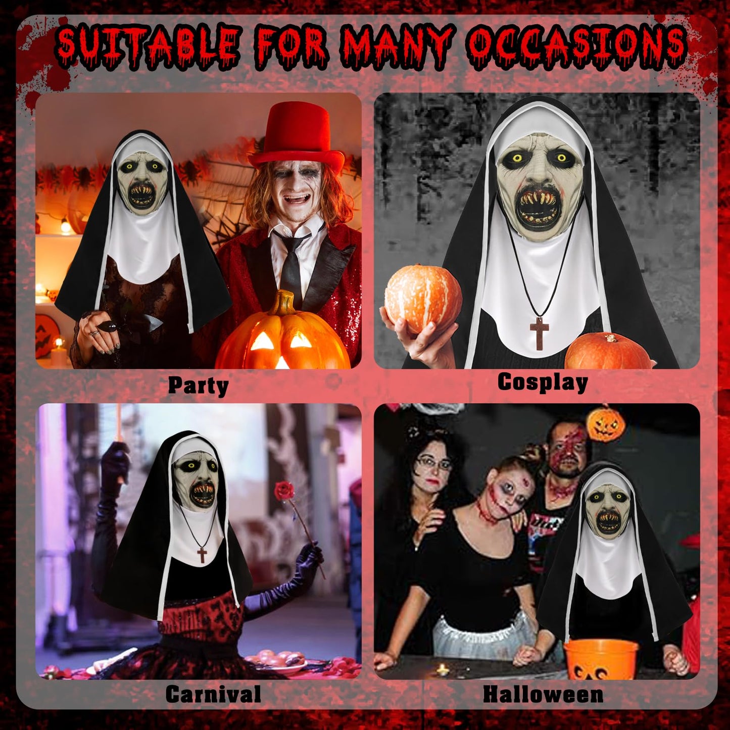 Disfraz 3Pcs Decoración de Fiestas de Halloween Máscara Horror Terror Colmillos Máscara de Monja Mask con Collar con Cruz Capa Malla Transpirable para Cosplay Disfraz Fiesta Carnaval