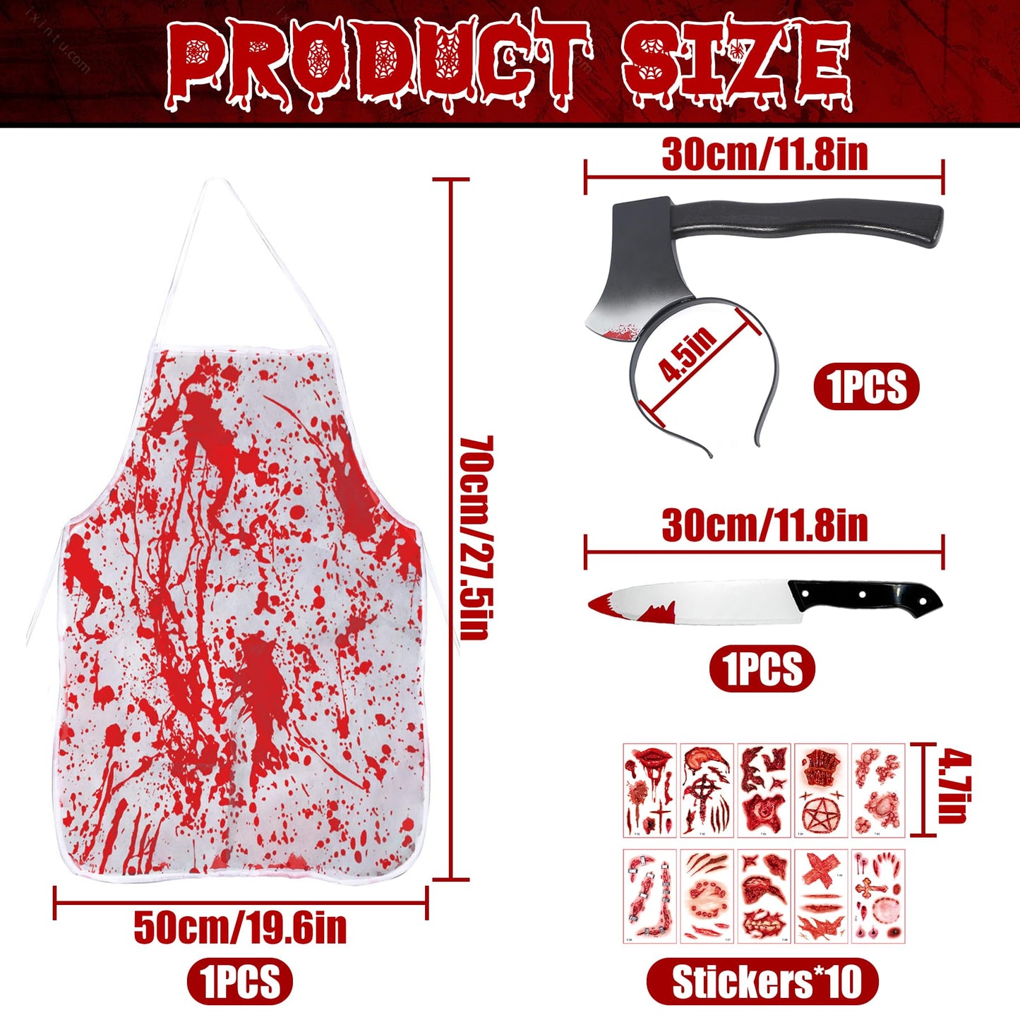 Disfraz Halloween Hombre Adulto Mujer – Halloween Costume Miedo Carnicero con Diadema Hacha, Cuchillo y 10 Tatuajes, Disfraz Adulto Ideal para Fiestas, Cosplay y Eventos Temáticos