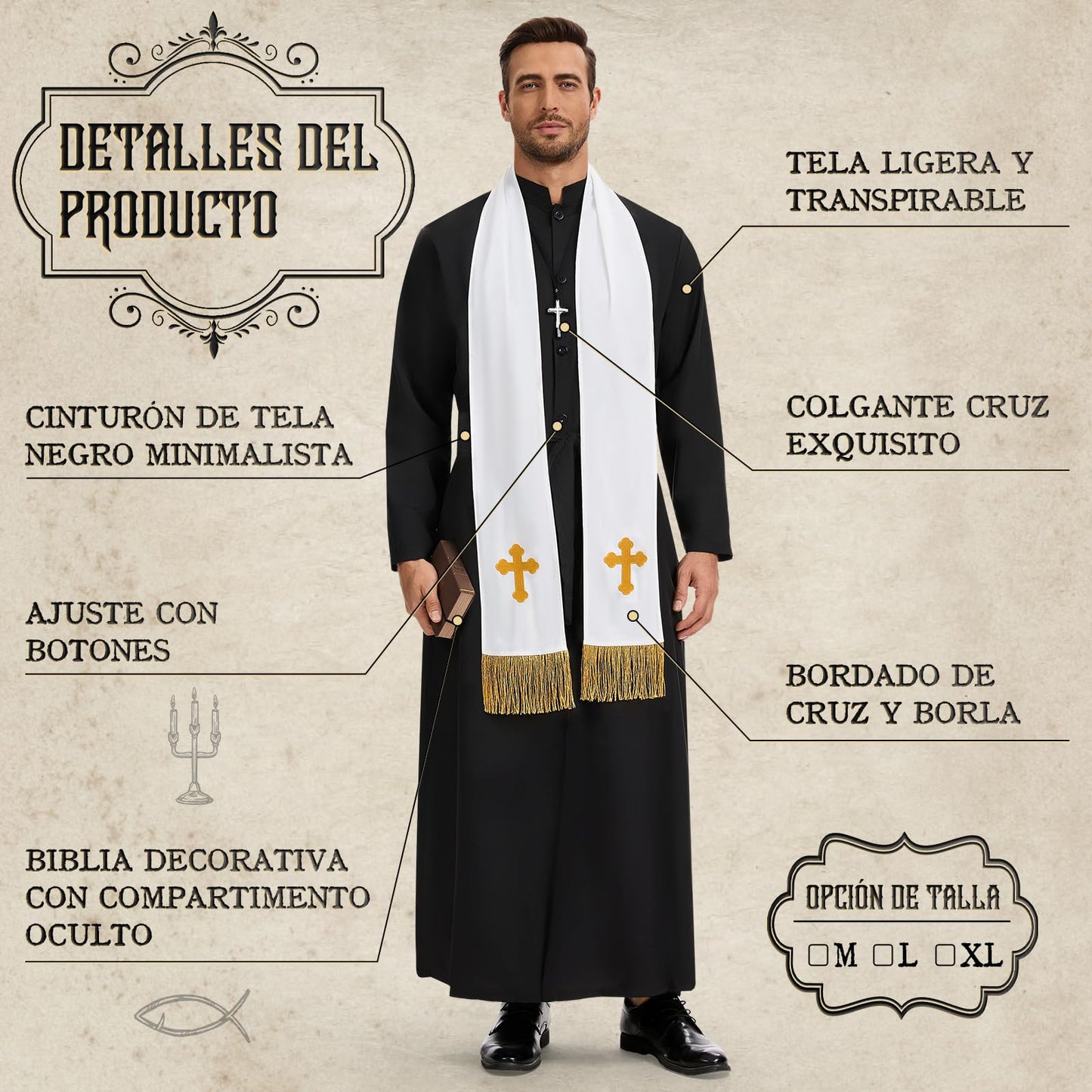 Disfraz Cura Hombre, Disfraz Halloween Hombre Adulto, Disfraz de Cura Hombre con Estola, Cadena con Cruz, Cinturón y Caja para Guardar la Biblia para Halloween Carnaval Cosplay (L)