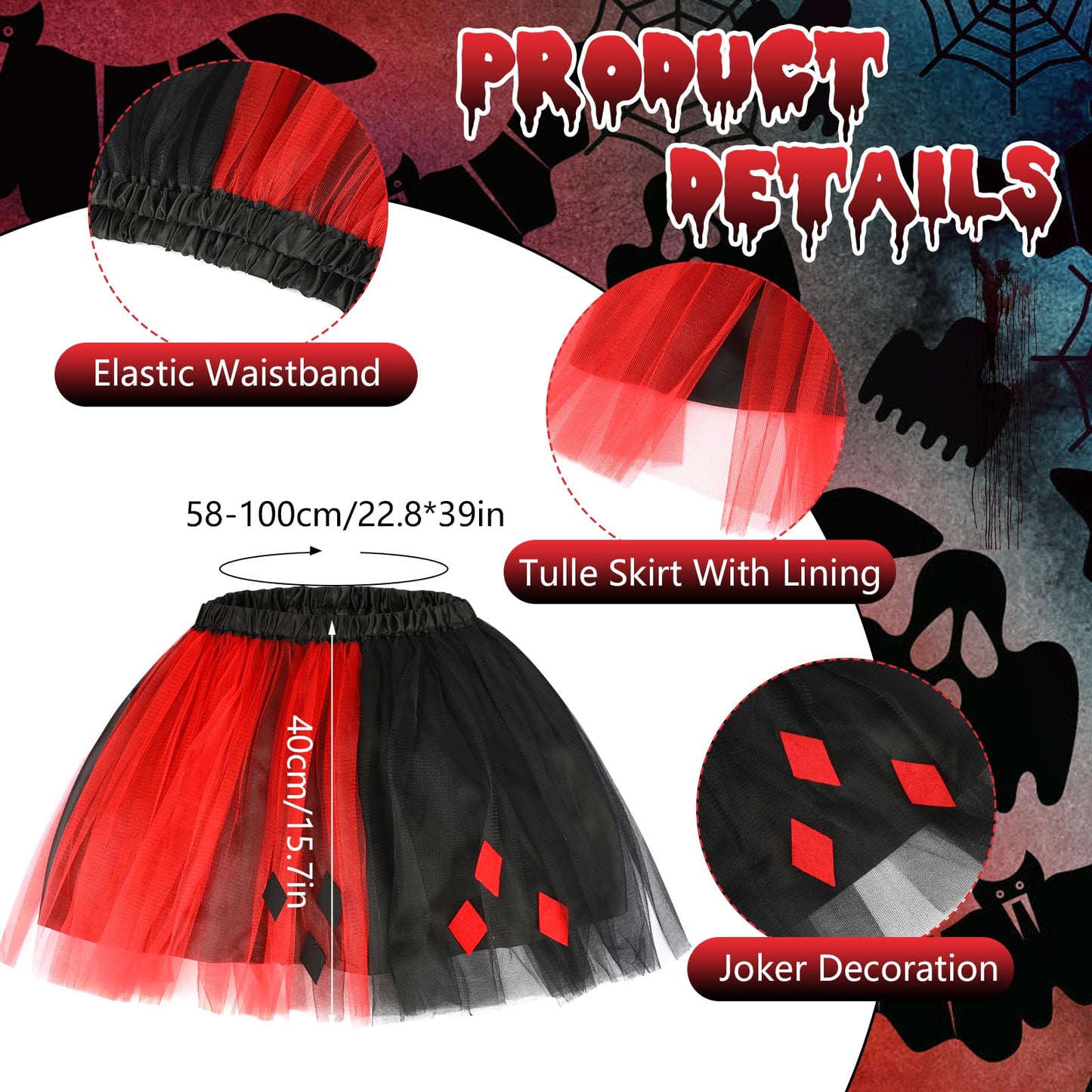 Disfraz Payaso Mujer Halloween, 5 pcs Diadema Arlequin Gemas Faciales Guantes Calcetines Altos Falda Tutú, Clown Costume Disfraz Arlequin Mujer Disfraces Halloween Carnaval Carnaval Fiesta de Cosplay