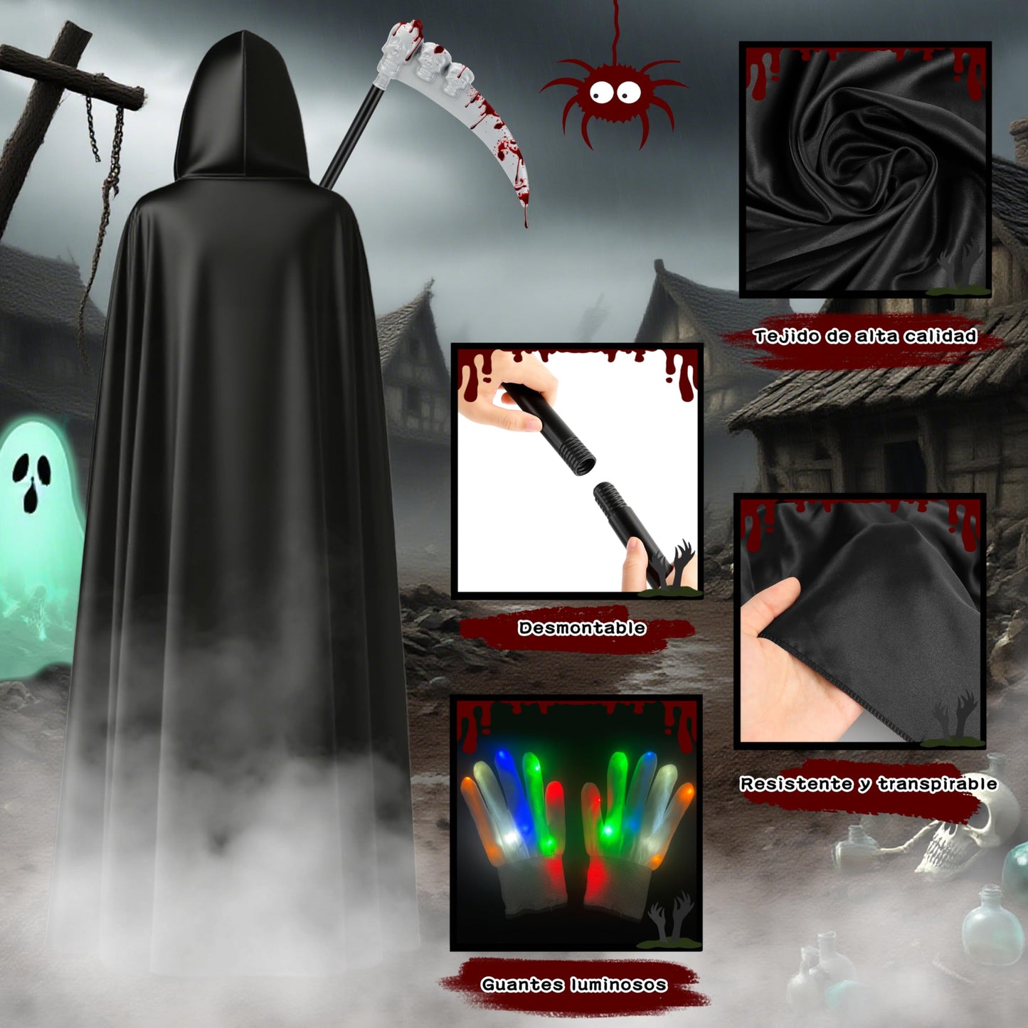 Disfraz Muerte Adulto, Disfraz Grim Reape con máscara de cráneo Guantes luminosos, Capa Negra con Capucha, Halloween Disfraz Hombre para Sensenmann Costume Cosplay Carnaval