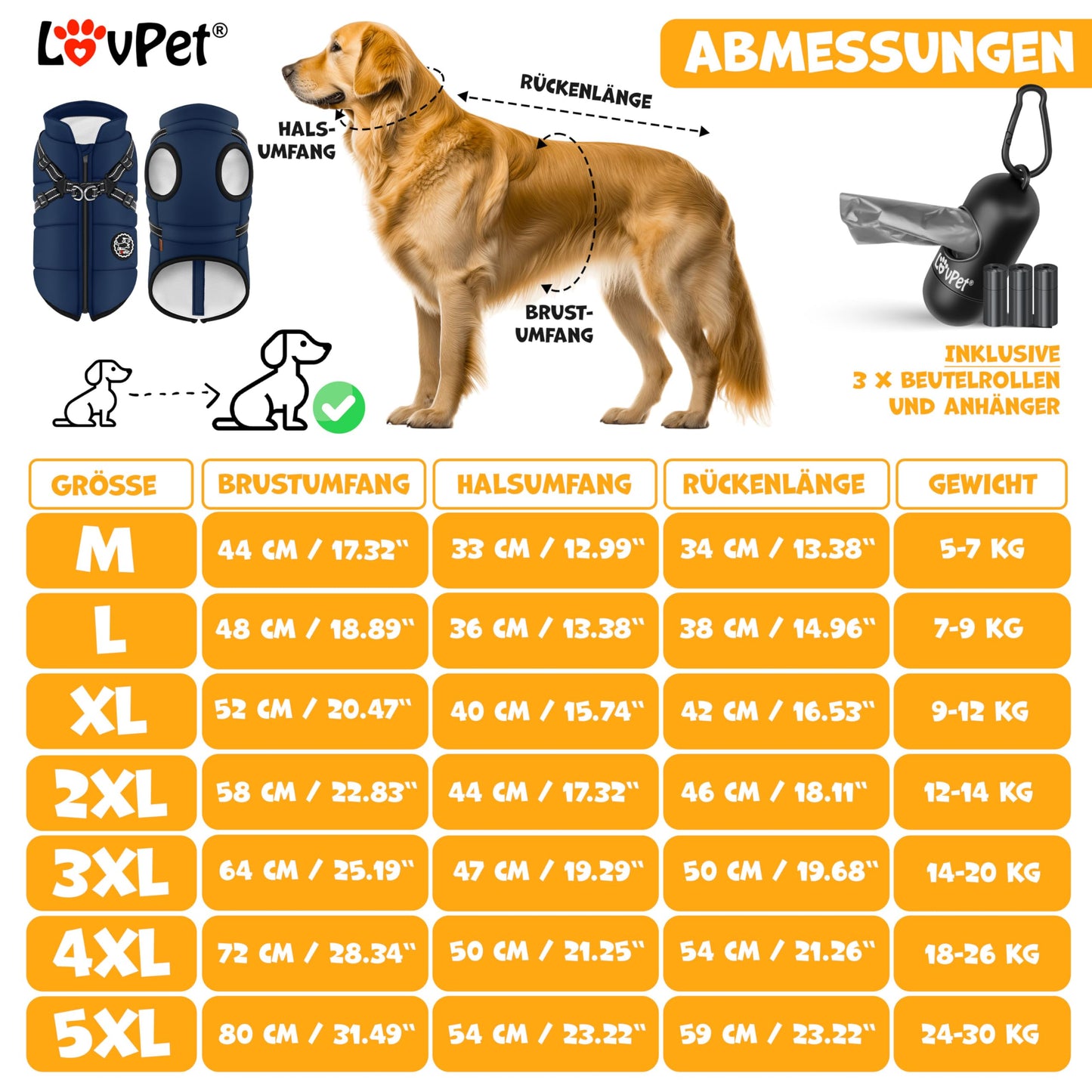 Abrigo Chaqueta para Perros con arnés, Incluye 45 Bolsas para excrementos + dispensador, Chaleco de Invierno para Perros, Forro Impermeable, Chaleco Acolchado con Correa para el Pecho, reflectores,