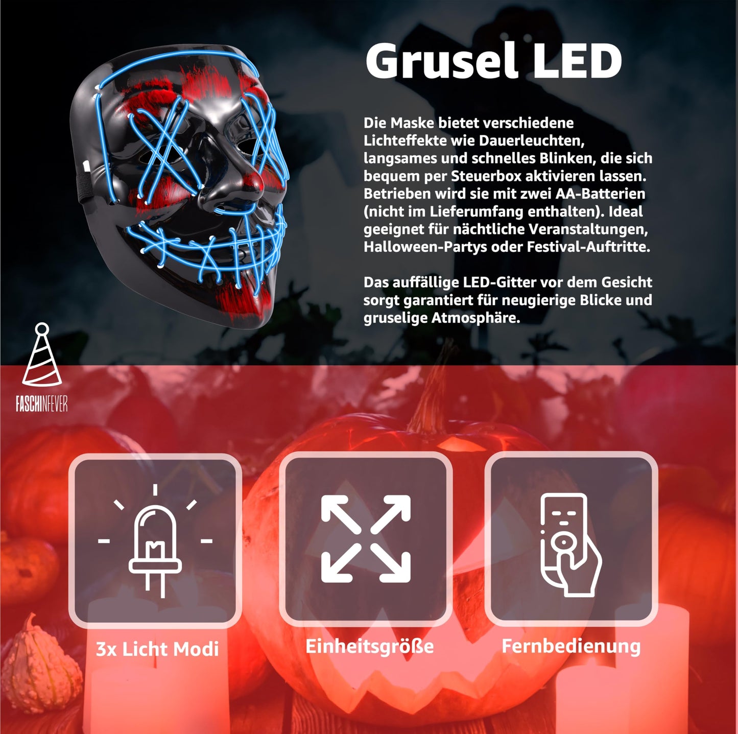 Disfraz Máscara led de Halloween Purge azul, máscara de disfraz con control para Halloween, carnaval y como disfraz para hombres y mujeres, colores a elegir