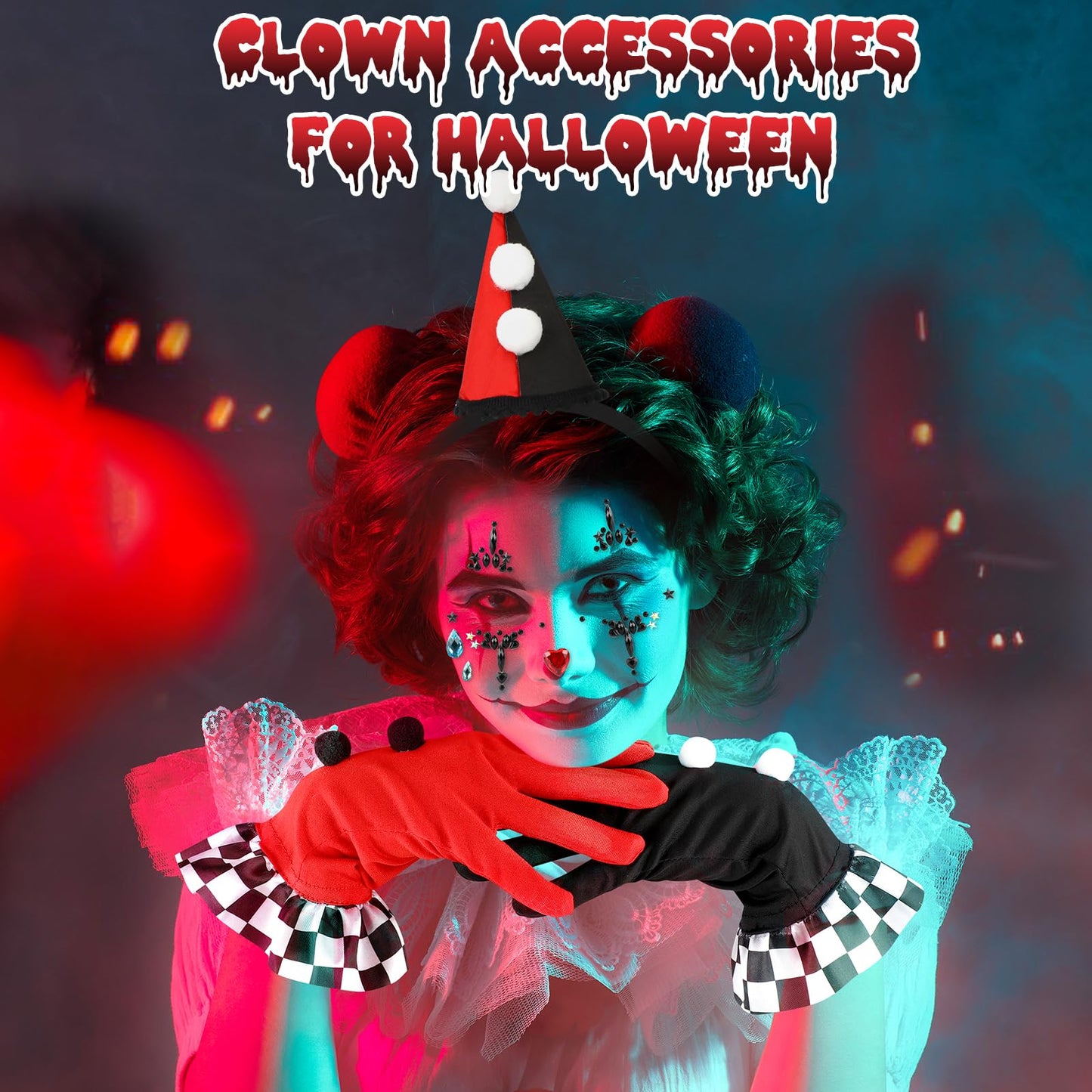 Disfraz Payaso Mujer Halloween, 5 pcs Diadema Arlequin Gemas Faciales Guantes Calcetines Altos Falda Tutú, Clown Costume Disfraz Arlequin Mujer Disfraces Halloween Carnaval Carnaval Fiesta de Cosplay