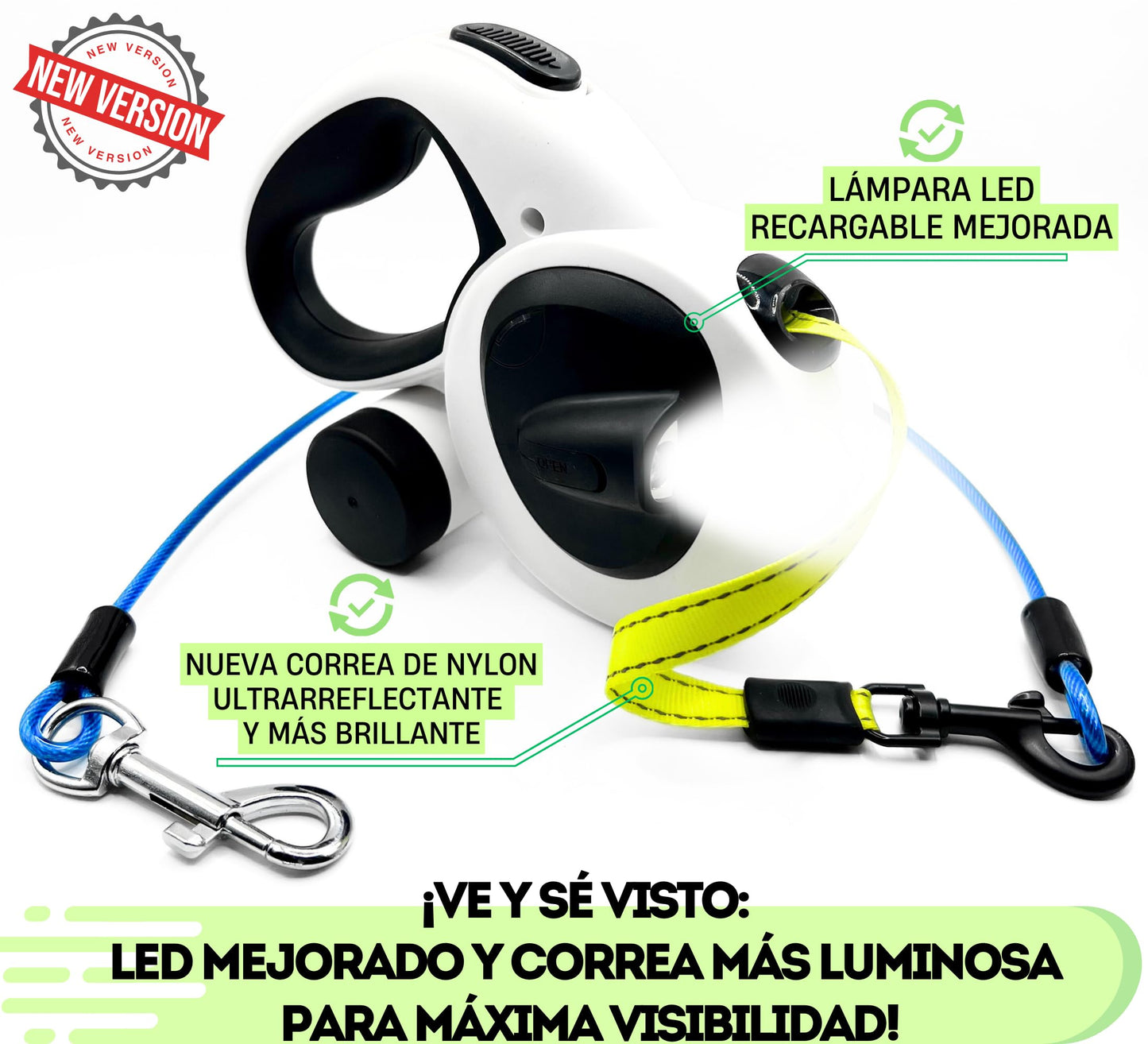 Snuggle Paws Correa Perro Extensible 5m Todo en Uno – Luz LED, Dispensador de Bolsas, Cable Antimordida y Cinta Reflectante | Correa Retráctil para Perros Medianos hasta 30kg