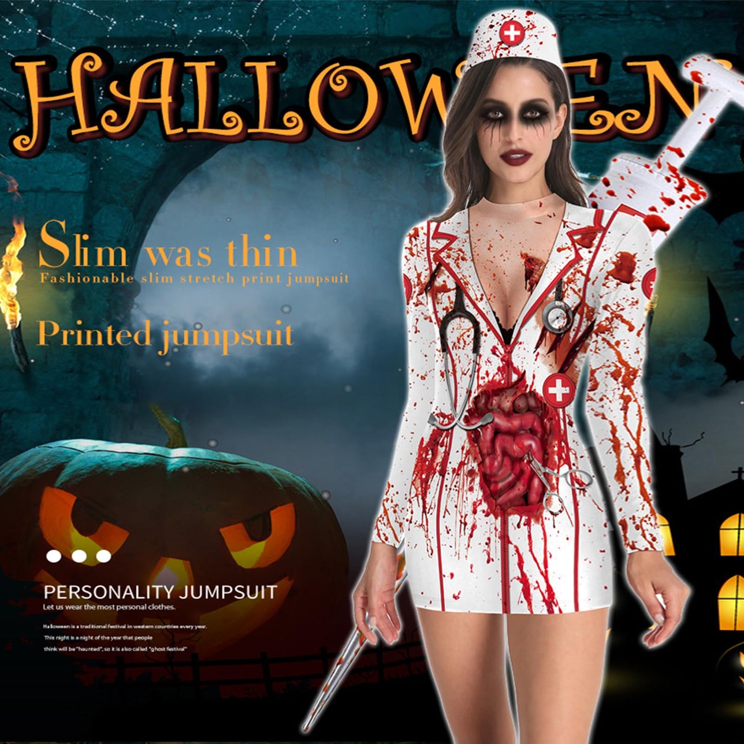 Disfraz de enfermera zombi, vestido, de Halloween, para mujer, blanco, M