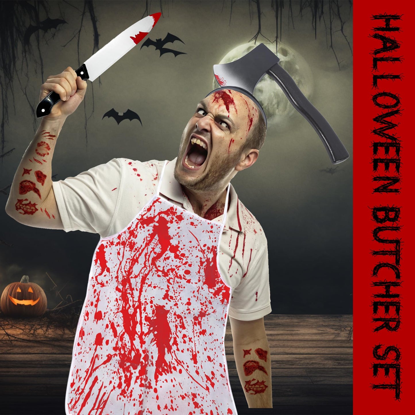 Disfraz Halloween Hombre Adulto Mujer – Halloween Costume Miedo Carnicero con Diadema Hacha, Cuchillo y 10 Tatuajes, Disfraz Adulto Ideal para Fiestas, Cosplay y Eventos Temáticos