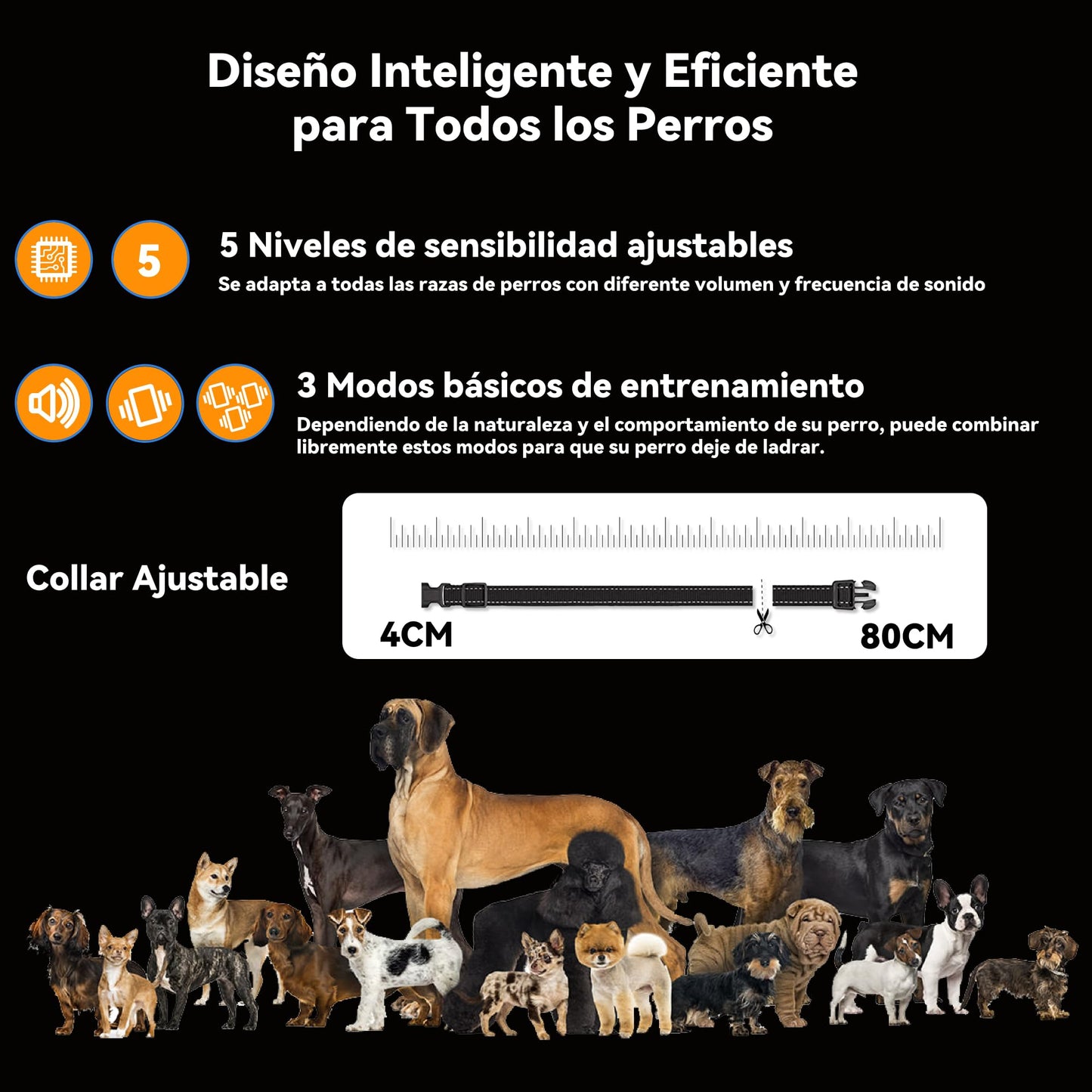 Collar Antiladridos Automático para Perros,Detección Inteligente de Ladridos con Modos de Vibración/Sonido/Fuerte Vibración,Resistente al Agua y Recargable,Adecuado para Perros Grandes y Medianos