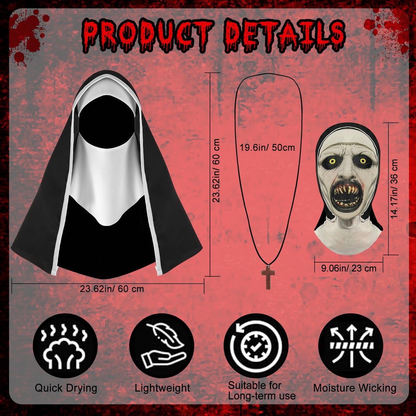 Disfraz 3Pcs Decoración de Fiestas de Halloween Máscara Horror Terror Colmillos Máscara de Monja Mask con Collar con Cruz Capa Malla Transpirable para Cosplay Disfraz Fiesta Carnaval