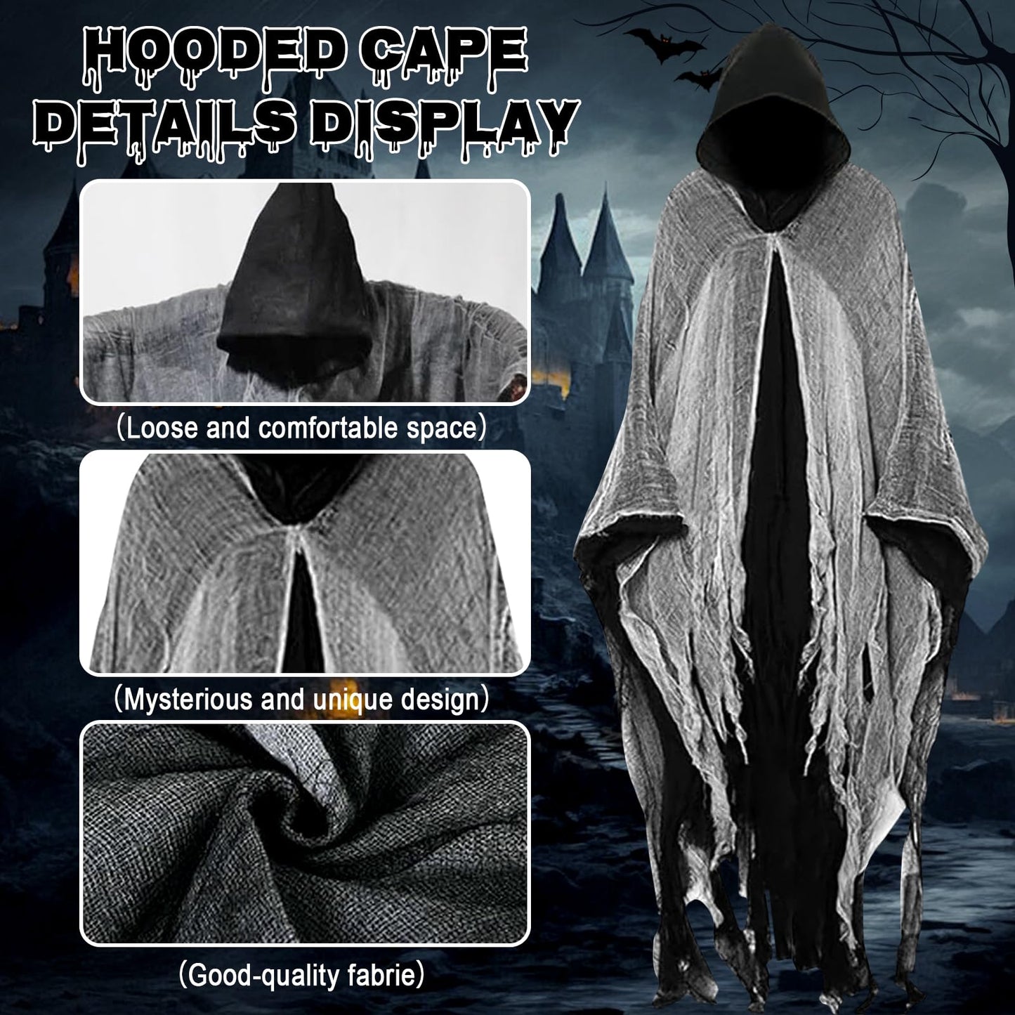 Disfraz Halloween Hombre Terror: Fantasma Costume Halloween Capa con Capucha - Disfraz Grim Reaper Bruja Fantasma para Adulto Hombre Mujer (Negro)