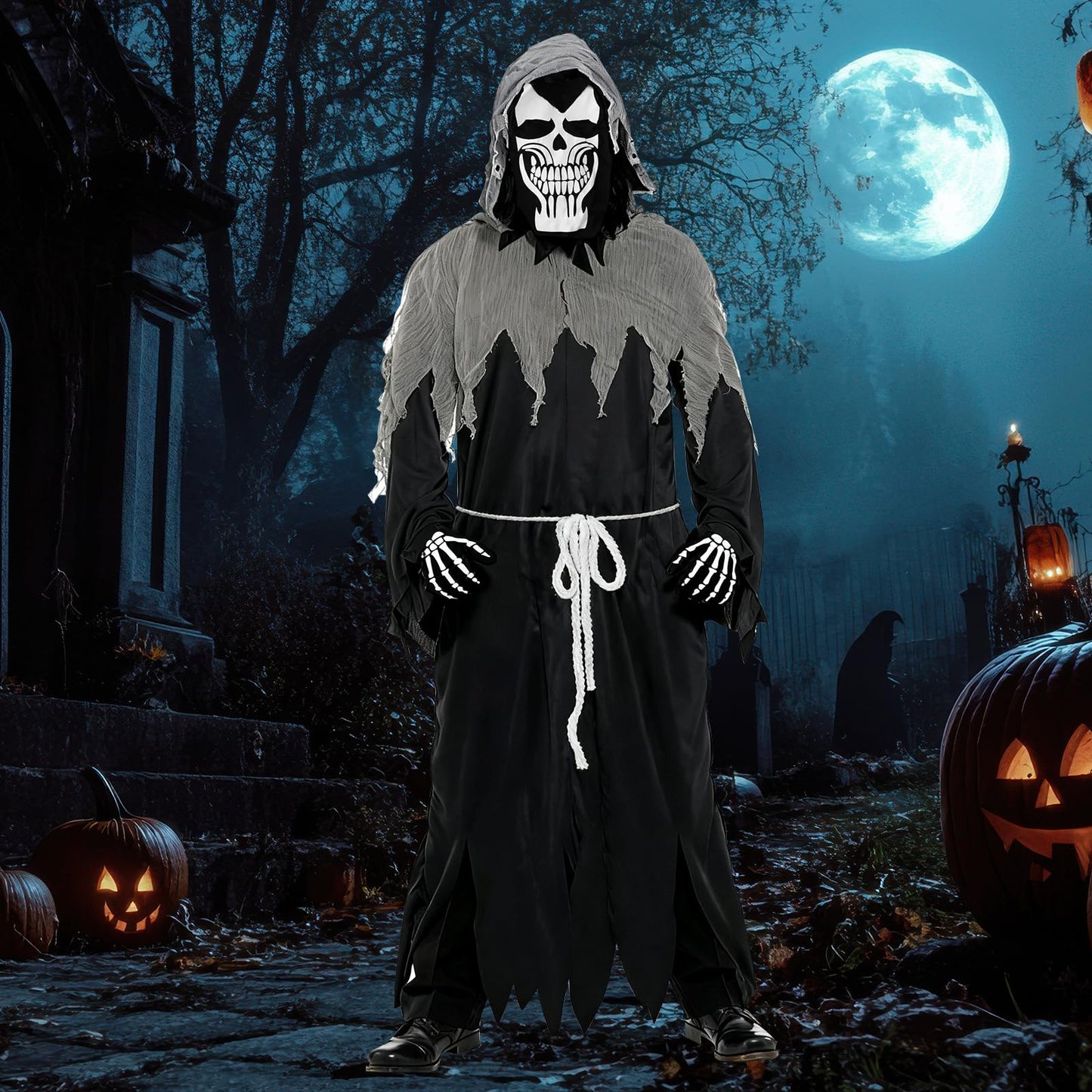 Disfraz Halloween De Adulto, Disfraces Costume Con Máscara De Calavera, Guantes, Disfraz Fantasma Adulto Con 30 Pegatinas Tatuaje Para Fiesta De Halloween y 165-185cm(XL)