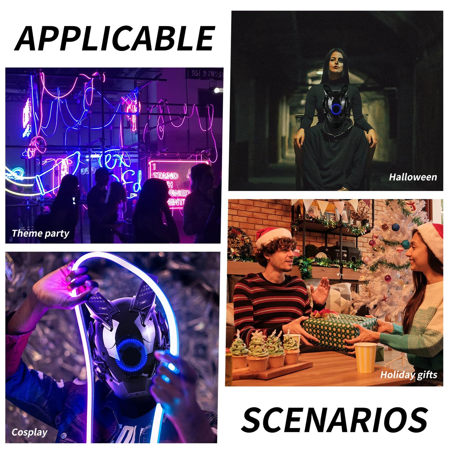 Marikito Casco punk con luz LED azul y kit de colgante DIY – Media máscara para disfraces Techwear, máscara eléctrica con detalles de neón y estilo DJ