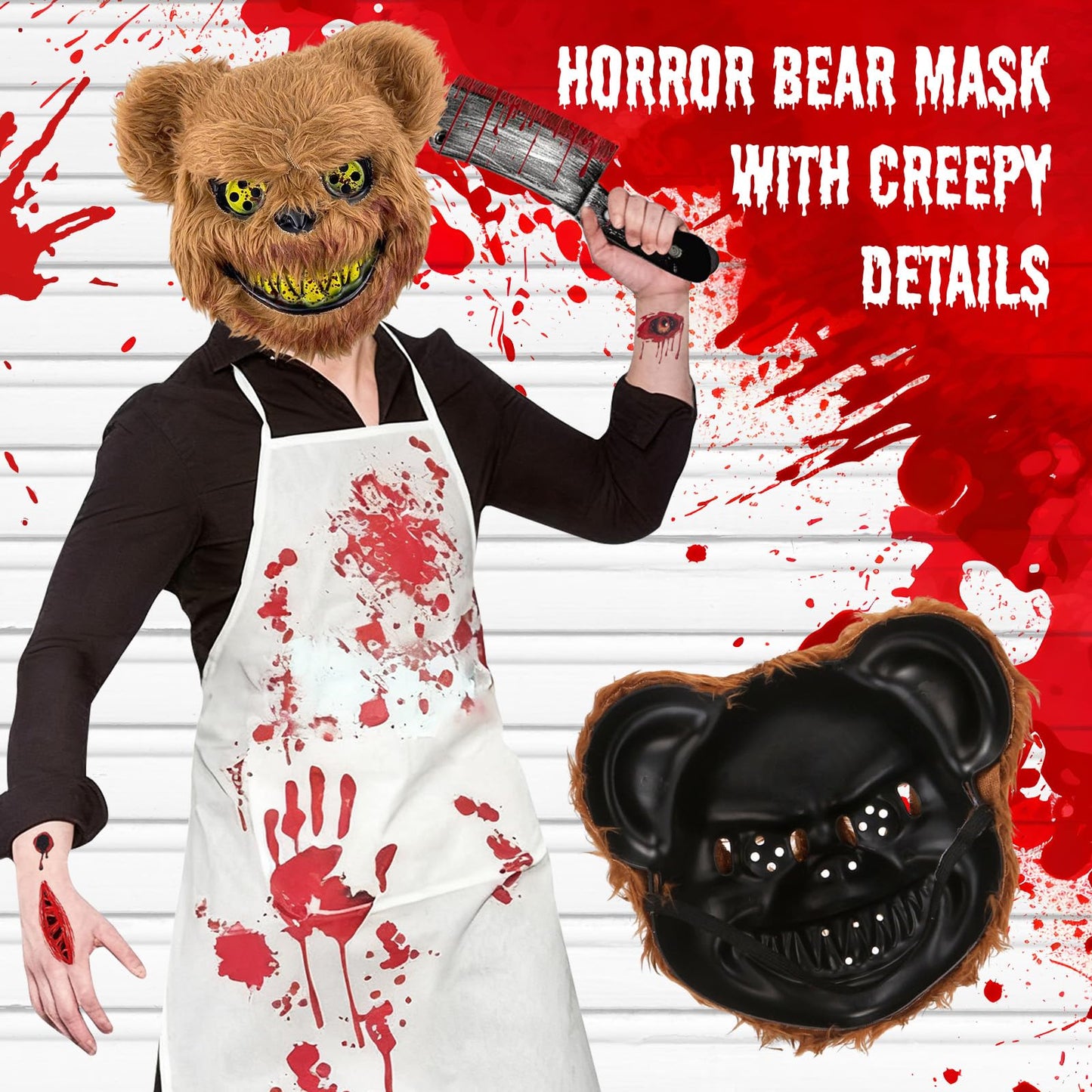 Disfraz Halloween Oso del Terror Disfraces, Disfraz de Oso de Terror, Mascara Halloween Oso, Delantal Sangriento, Sangre Falsa, Cuchillo, Guantes y Tatuaje de Cicatriz de Halloween Pegatinas