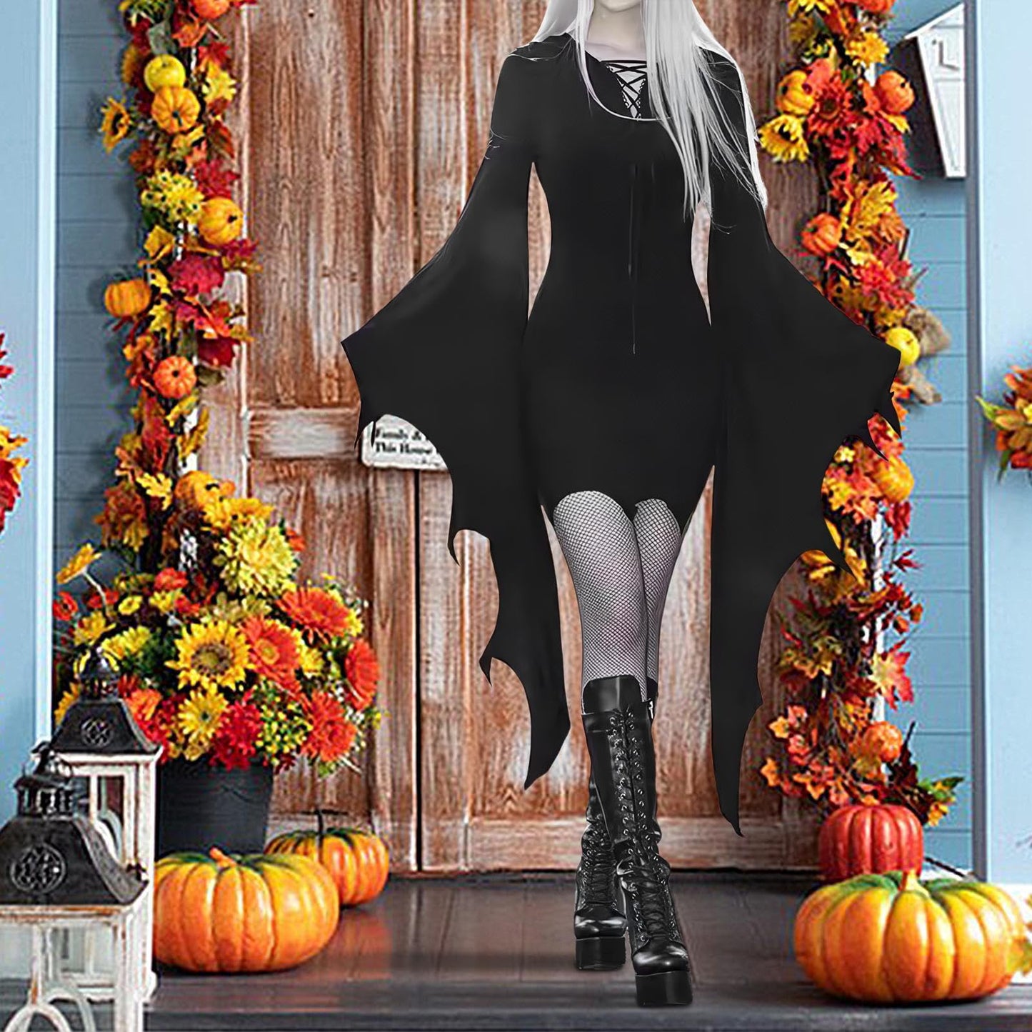 Disfraz Vestido De Murciélago Mujer,Vestido De Ala De Murciélago De Halloween, de Halloween con alas de murciélago y encaje - de disfraz de para mujer, vestido gótico con cordones y m