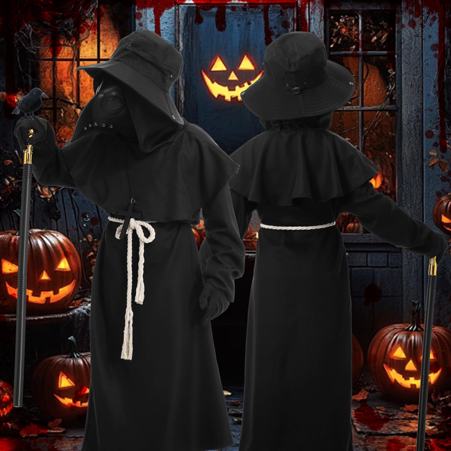 Disfraz Médico de la Peste para Niños, Medieval Plague Doctor Costume con Mascara de la Peste Negra, Disfraz de Halloween Carnaval Cosplay (150cm)