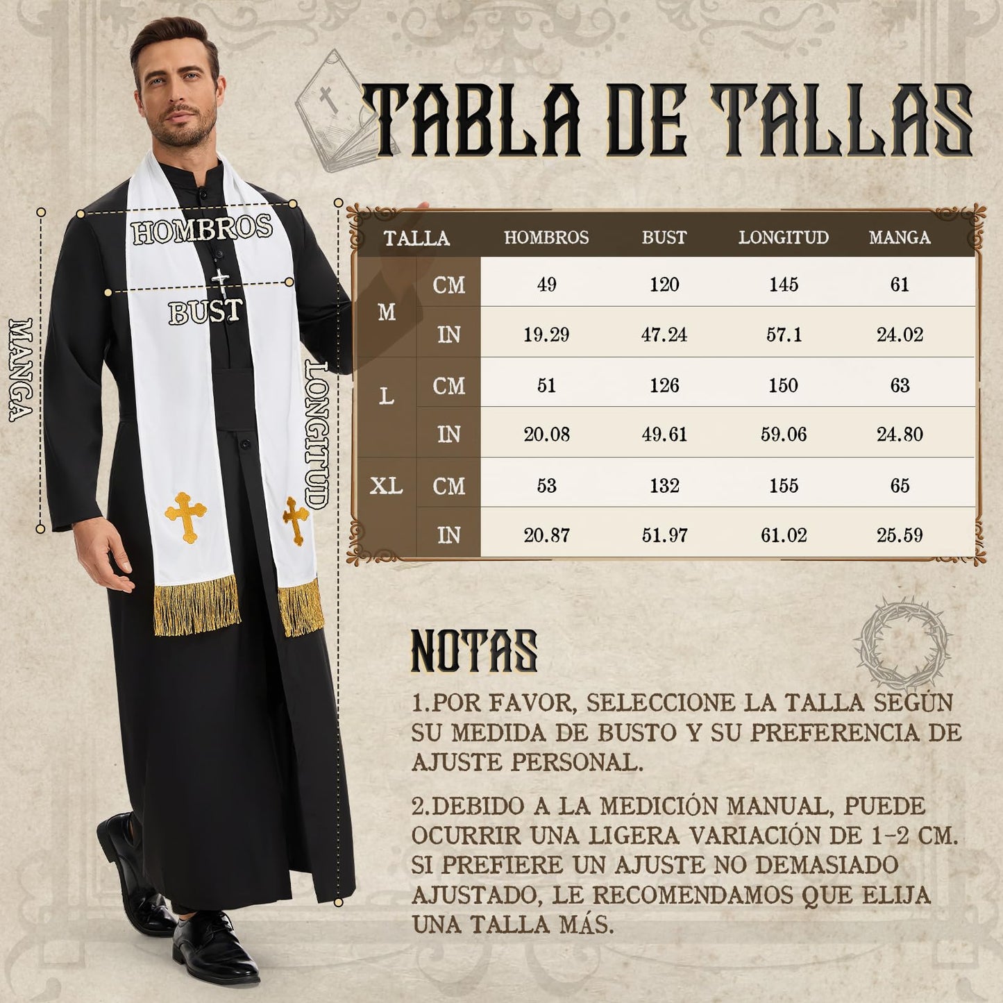 Disfraz Cura Hombre, Disfraz Halloween Hombre Adulto, Disfraz de Cura Hombre con Estola, Cadena con Cruz, Cinturón y Caja para Guardar la Biblia para Halloween Carnaval Cosplay (L)