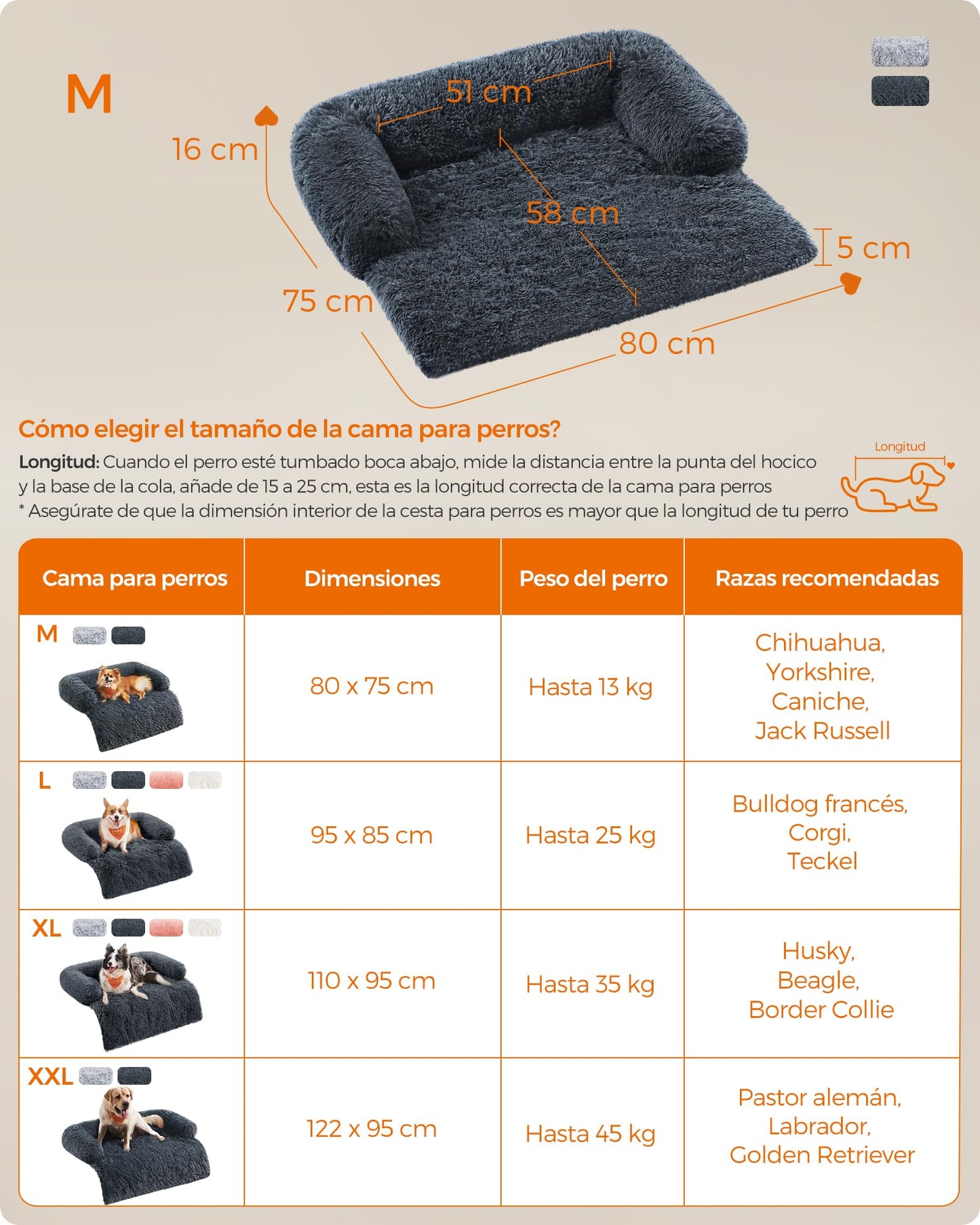 Feandrea FluffyHug Cama para Perros, Tela de Felpa, Alfombrilla, Funda Protectora para Sofá, Talla M, para Perros Pequeños y Medianos, 80 x 75 x 16 cm, Gris Oscuro PGW221G02