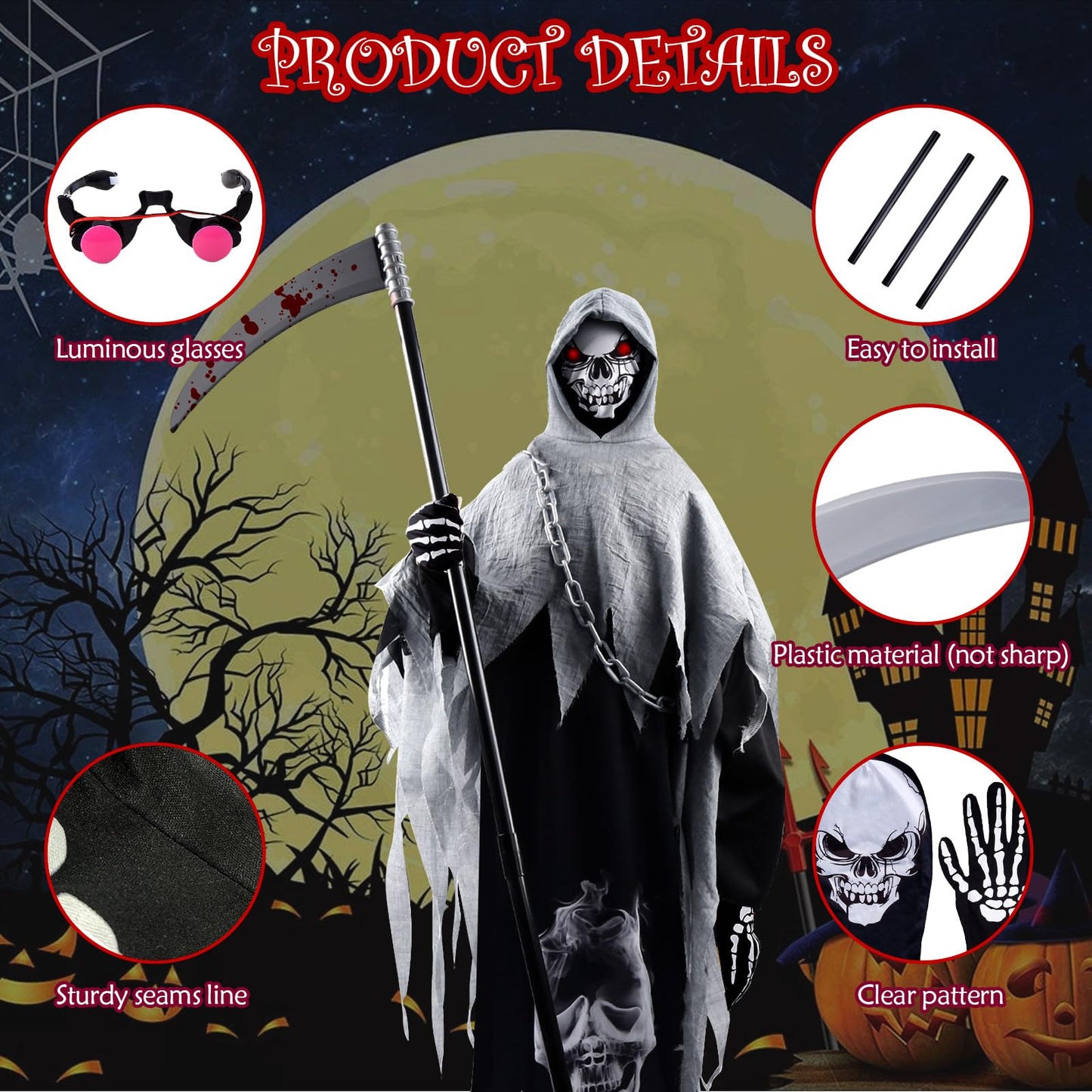 Disfraz de Parca, Muerte Niño, Halloween, Fantasma, Grim Reaper Con Sombrero, Guantes, Hoz, Guadaña para Carnaval Costume Cosplay