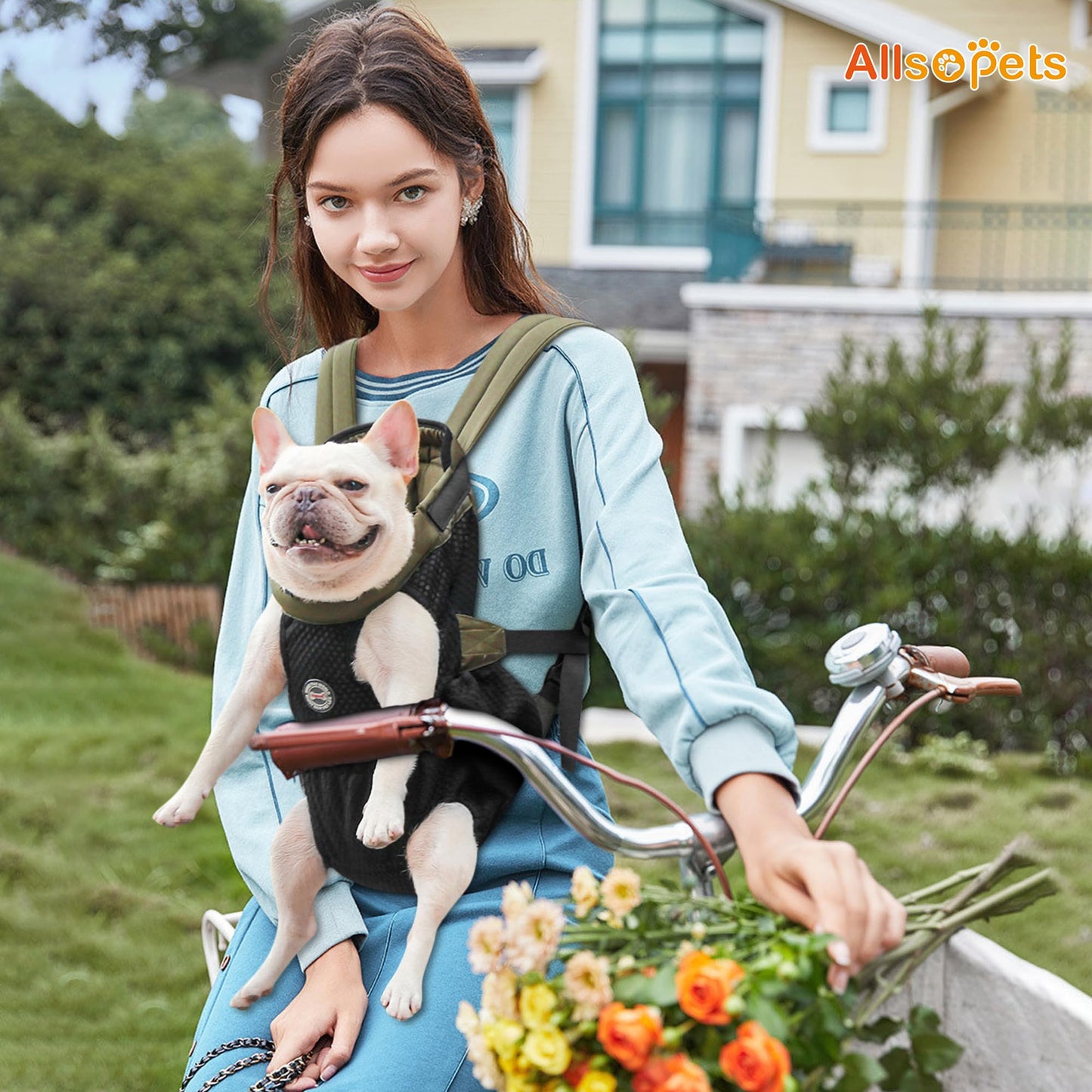 ALLSOPETS Mochila para Perros Pequeños y Medianos – Transportín Perro Ligero, Transpirable y Cómodo con Gancho de Seguridad, Manos Libres para Viaje Senderismo Exterior (Verde Oliva, M)