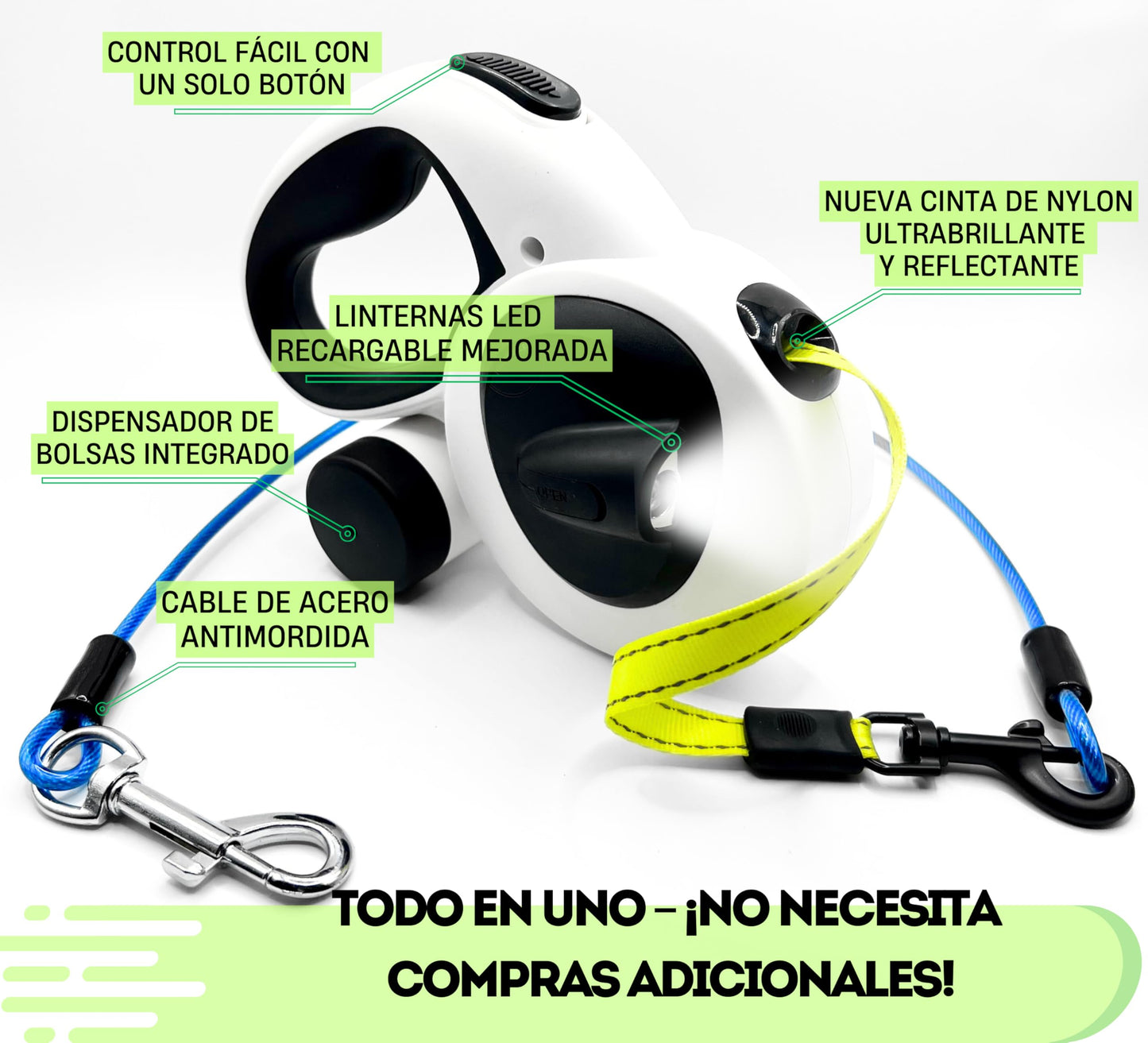 Snuggle Paws Correa Perro Extensible 5m Todo en Uno – Luz LED, Dispensador de Bolsas, Cable Antimordida y Cinta Reflectante | Correa Retráctil para Perros Medianos hasta 30kg