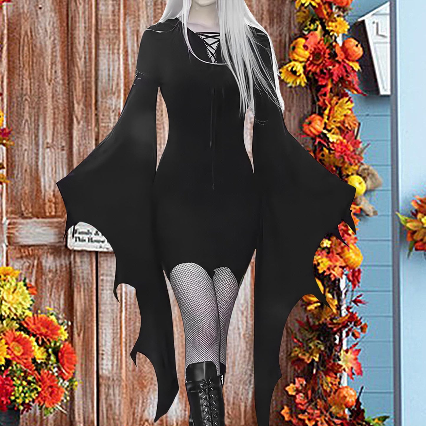 Disfraz Vestido De Murciélago Mujer,Vestido De Ala De Murciélago De Halloween, de Halloween con alas de murciélago y encaje - de disfraz de para mujer, vestido gótico con cordones y m