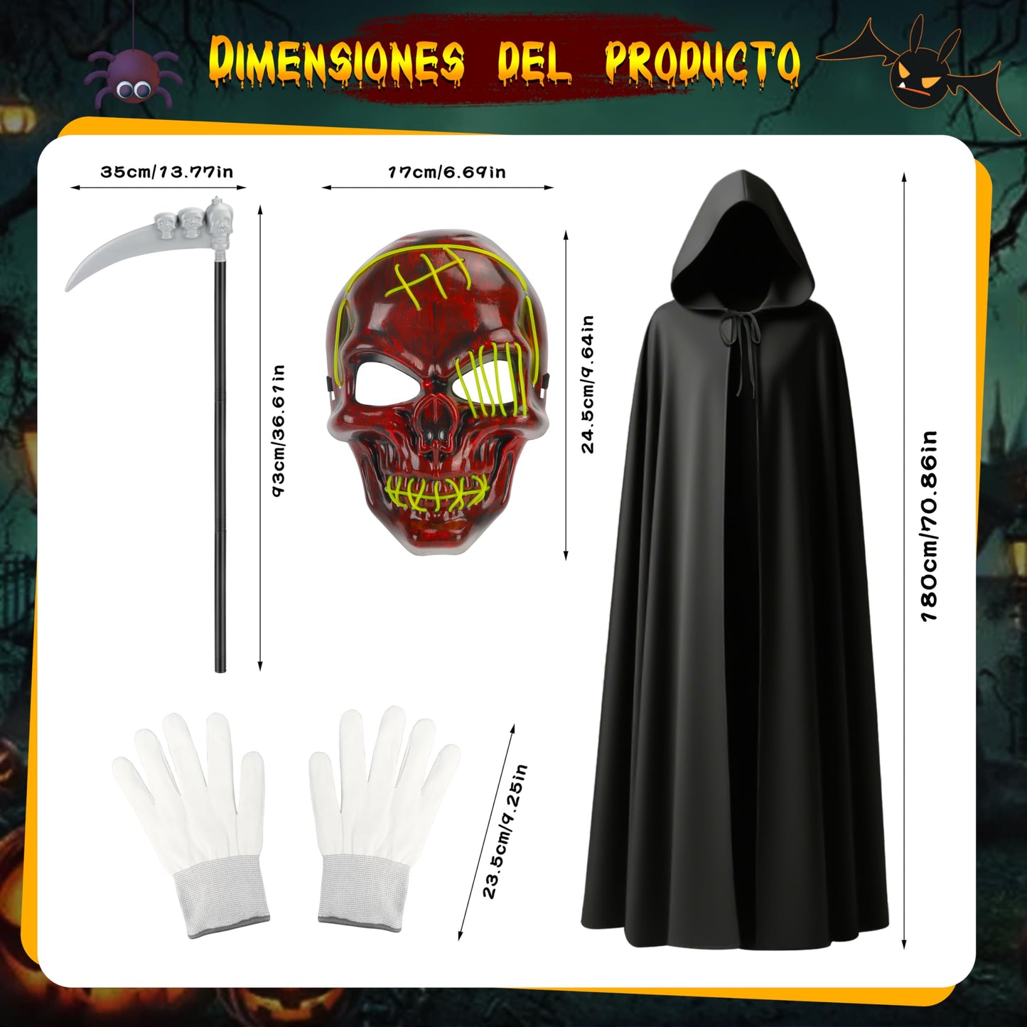 Disfraz Muerte Adulto, Disfraz Grim Reape con máscara de cráneo Guantes luminosos, Capa Negra con Capucha, Halloween Disfraz Hombre para Sensenmann Costume Cosplay Carnaval