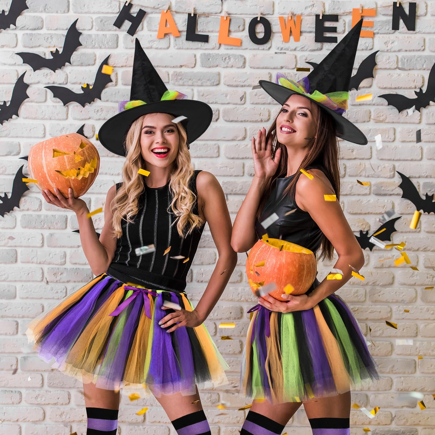 Disfraz Bruja Mujer,Neon Falda Tutú Gorro Bruja y Medias Disfraces Halloween Witch Costume Adulto Disfraces Carnaval Cosplay