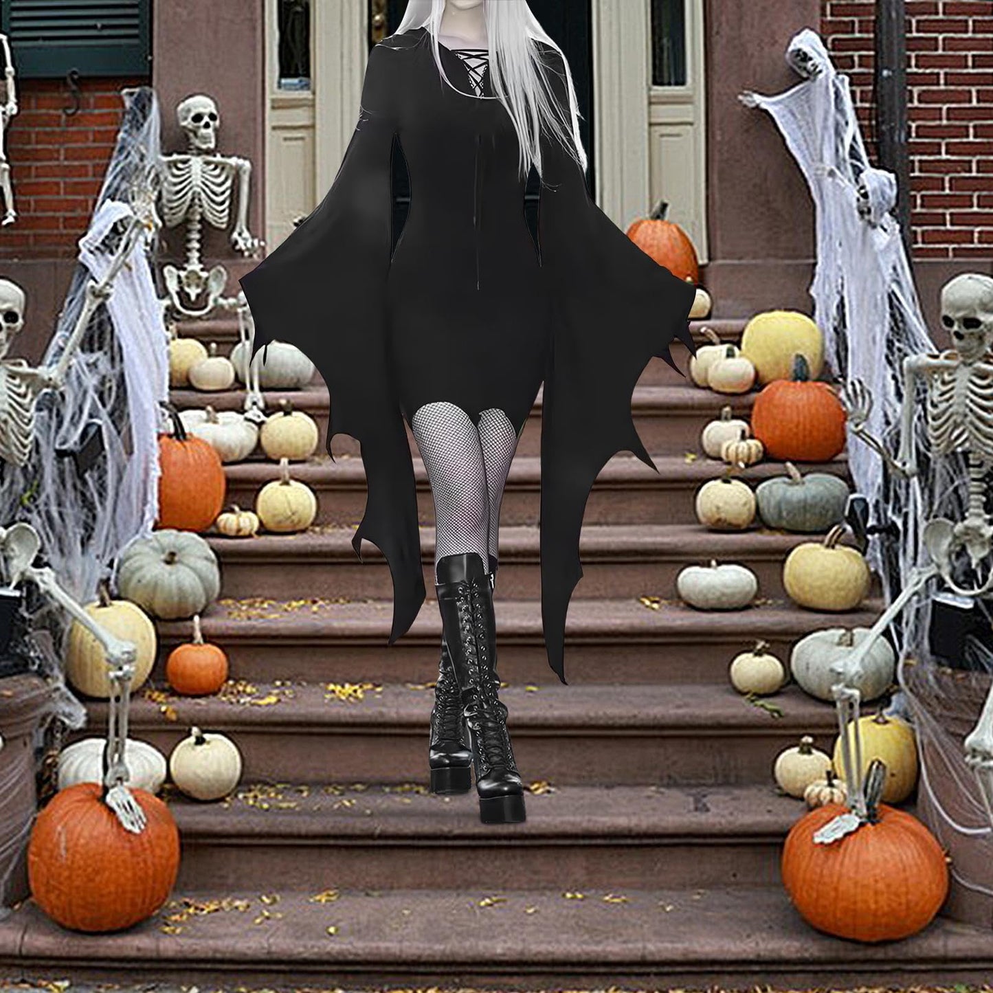 Disfraz Vestido De Murciélago Mujer,Vestido De Ala De Murciélago De Halloween, de Halloween con alas de murciélago y encaje - de disfraz de para mujer, vestido gótico con cordones y m