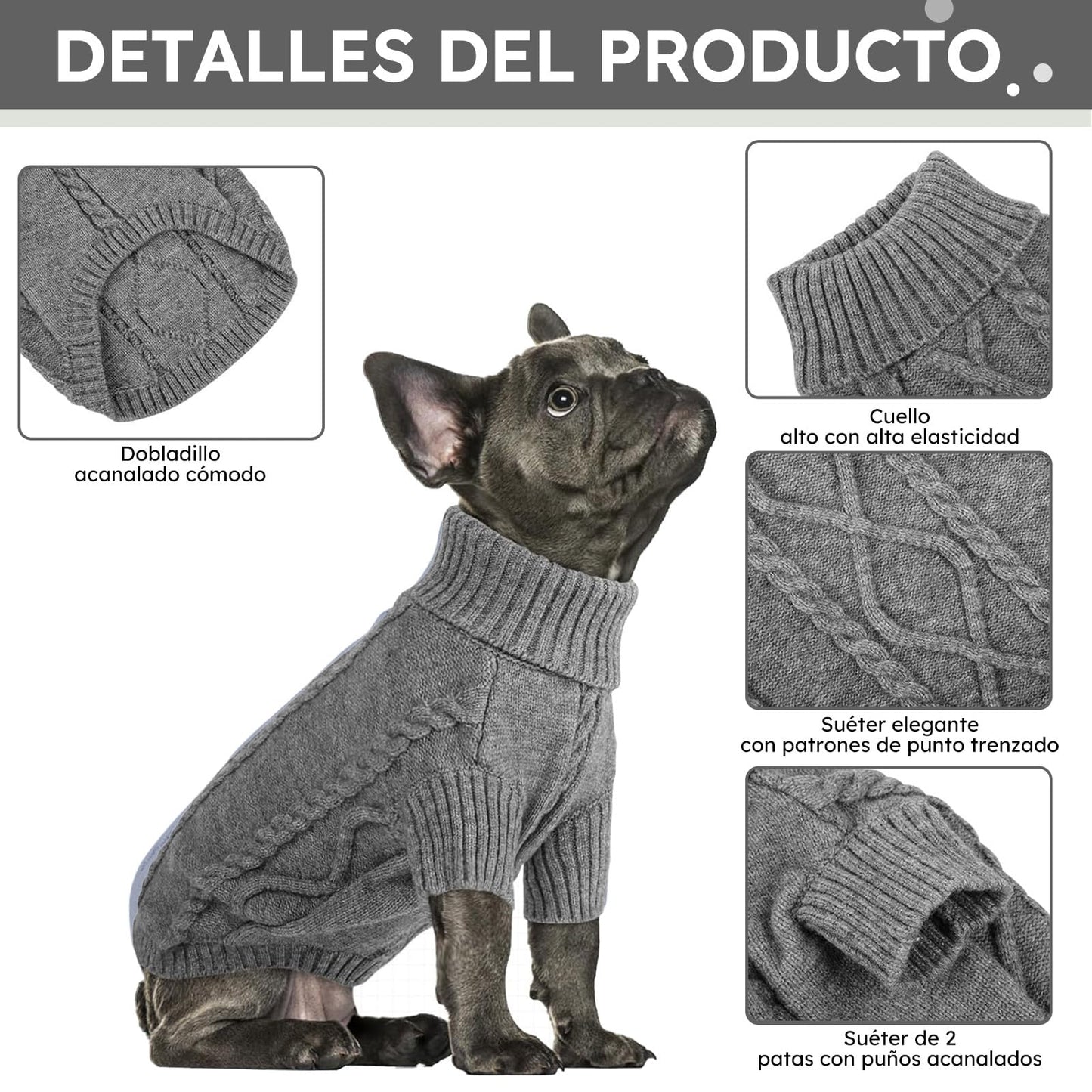 Queenmore Jersey para Perro Pequeño Bouledogue Francés Cálido Suéter para Perros Suéter Chihuahua Abrigo Teckel Ropa de Invierno para Perro Gato, Gris Oscuro,XS