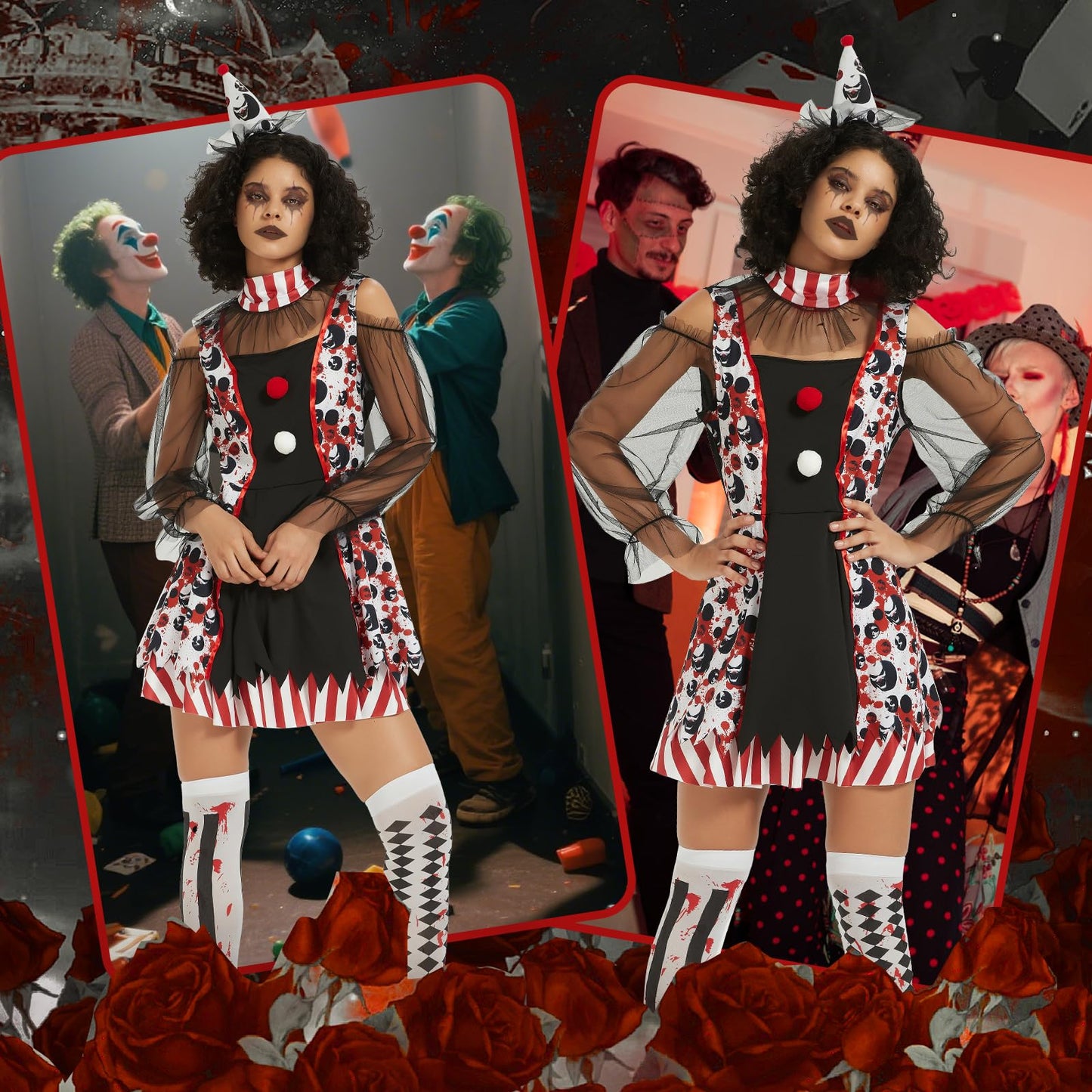 Disfraz de Payaso Mujer, Disfraces de Arlequín de Terror, Payaso Plim Plim Vestido, de Miedo, Disfraz para Adultos Accesorios para Fiestas, Temas de Cosplay, Carnaval (Einteilige, M)