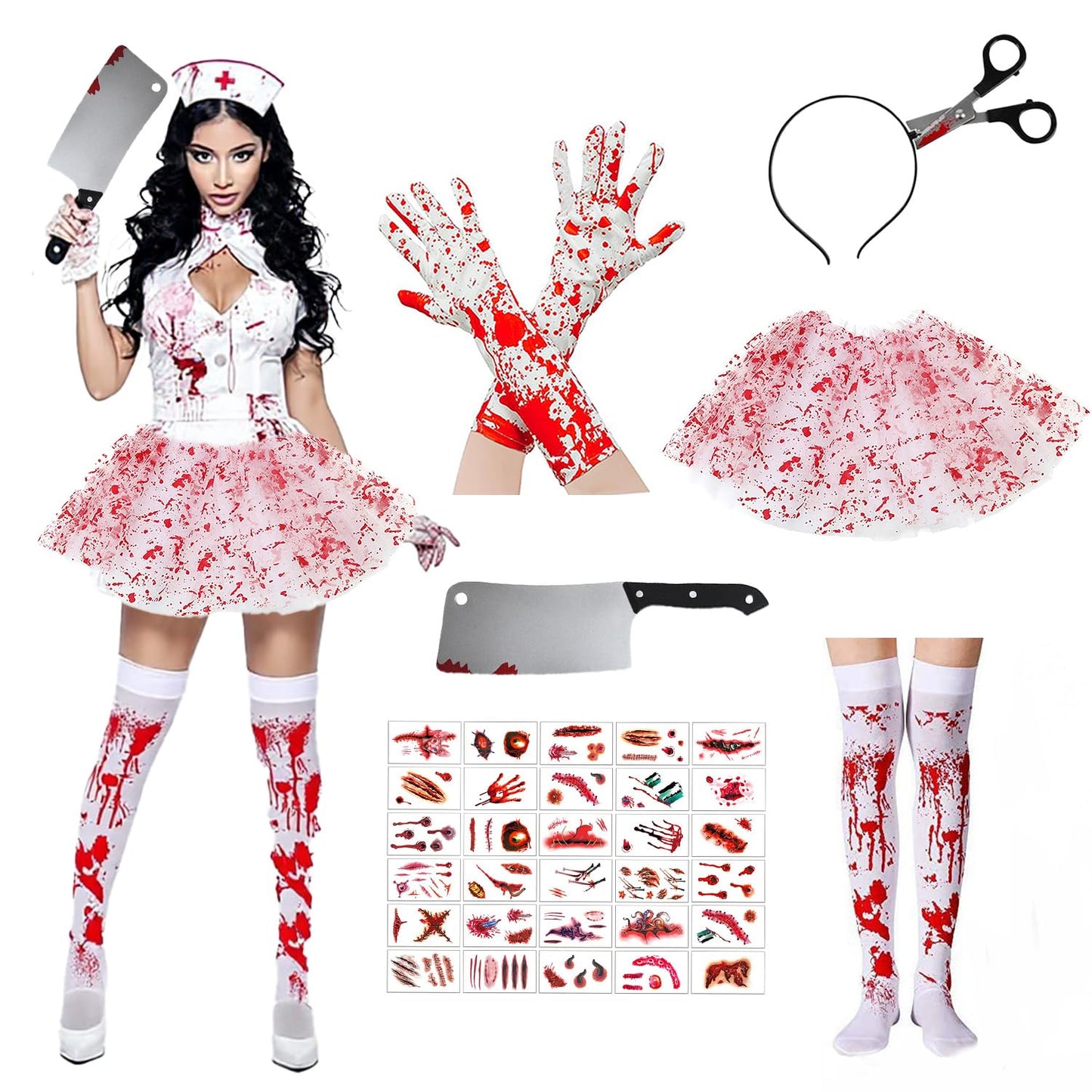 AEYAKA Disfraz de Enfermera Zombi Mujer – Falda Tutu Ensangrentada, Medias, Guantes, Diadema con Tijeras, Machete & Tatuajes – Traje de Terror para Fiesta de Halloween y Cosplay Adulto