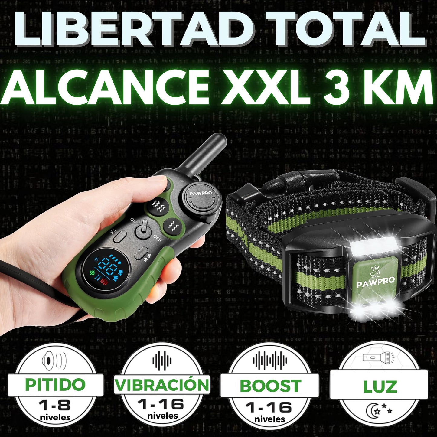 PAWPRO Collar de Adiestramiento, Conforme Nueva Ley Española de Bienestar Animal, Alcance XXL 3 km, Modo Luz Nocturna, BIP Vibración Boost, Apto para Todos los Perros, Resistente al Agua y Recargable