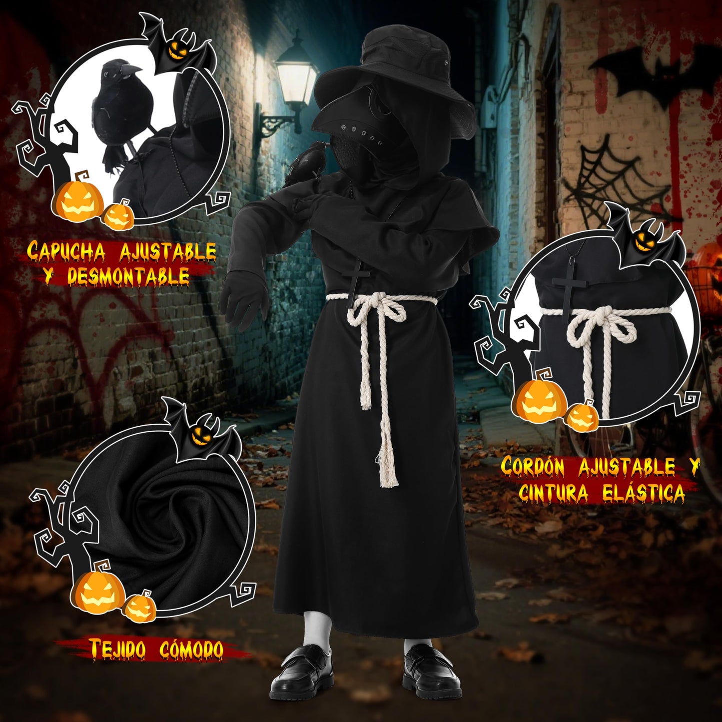 Disfraz Médico de la Peste para Niños, Medieval Plague Doctor Costume con Mascara de la Peste Negra, Disfraz de Halloween Carnaval Cosplay (150cm)
