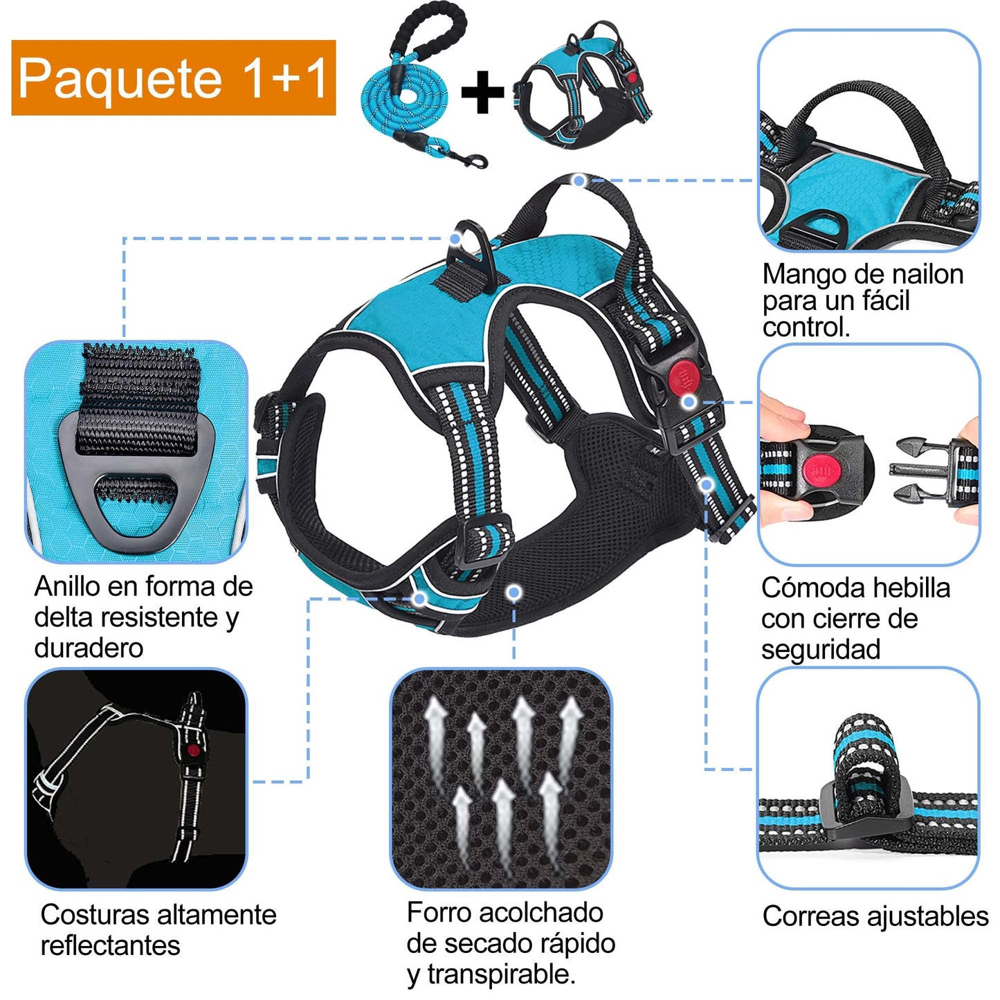 Arnés para Perro sin Tirar, Ajustable, Reflectante Oxford, fácil de controlar, Mediano y Grande, con una Correa para Perro Resistente