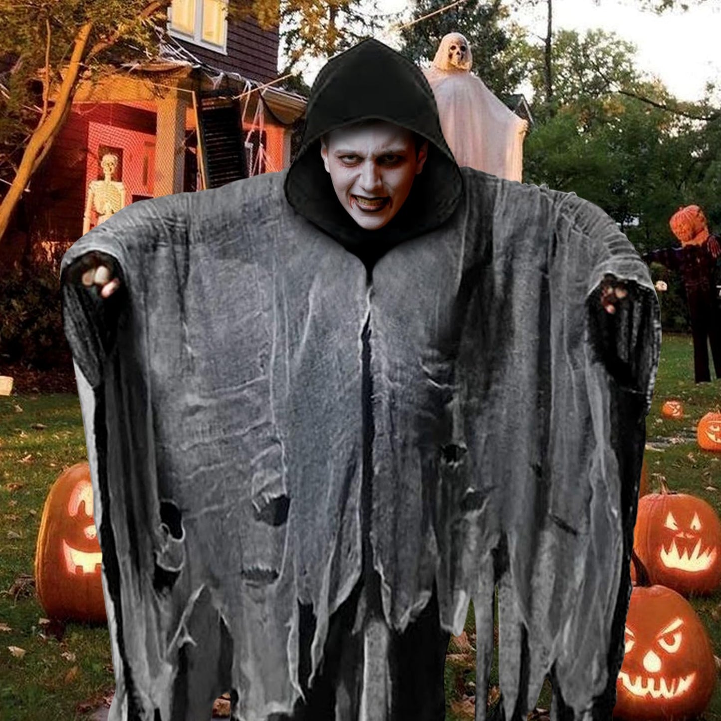 Disfraz Halloween Hombre Terror: Fantasma Costume Halloween Capa con Capucha - Disfraz Grim Reaper Bruja Fantasma para Adulto Hombre Mujer (Negro)