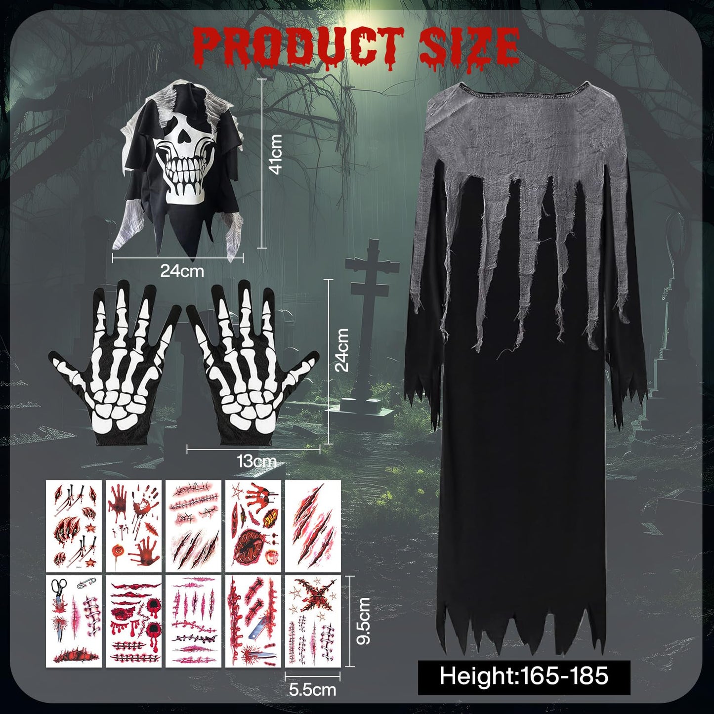 Disfraz Halloween De Adulto, Disfraces Costume Con Máscara De Calavera, Guantes, Disfraz Fantasma Adulto Con 30 Pegatinas Tatuaje Para Fiesta De Halloween y 165-185cm(XL)