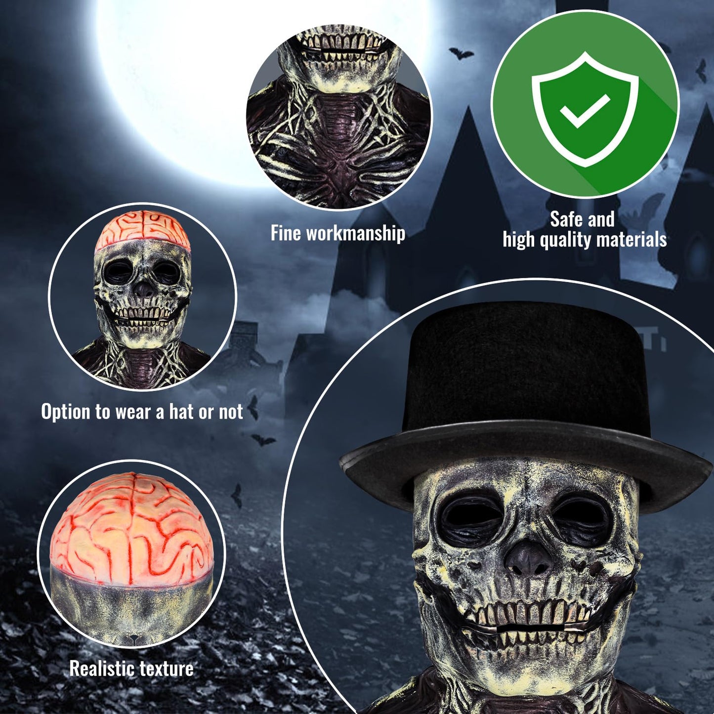 Disfraz Máscara de Calavera de Halloween, Casco de Esqueleto de Cabeza Completa, con Mandíbula Móvil, Máscaras de Terror Espeluznantes para Cosplays.