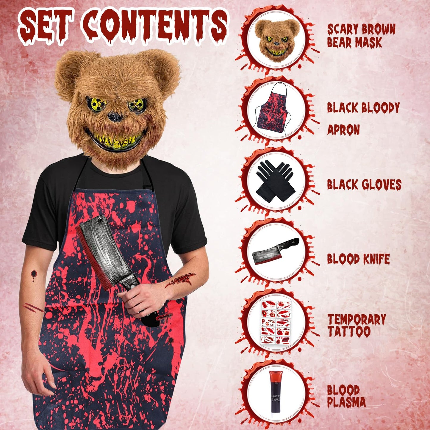 Disfraz Halloween Oso del Terror Disfraces, Disfraz de Oso de Terror, Mascara Halloween Oso, Delantal Sangriento, Sangre Falsa, Cuchillo, Guantes y Tatuaje de Cicatriz de Halloween Pegatinas