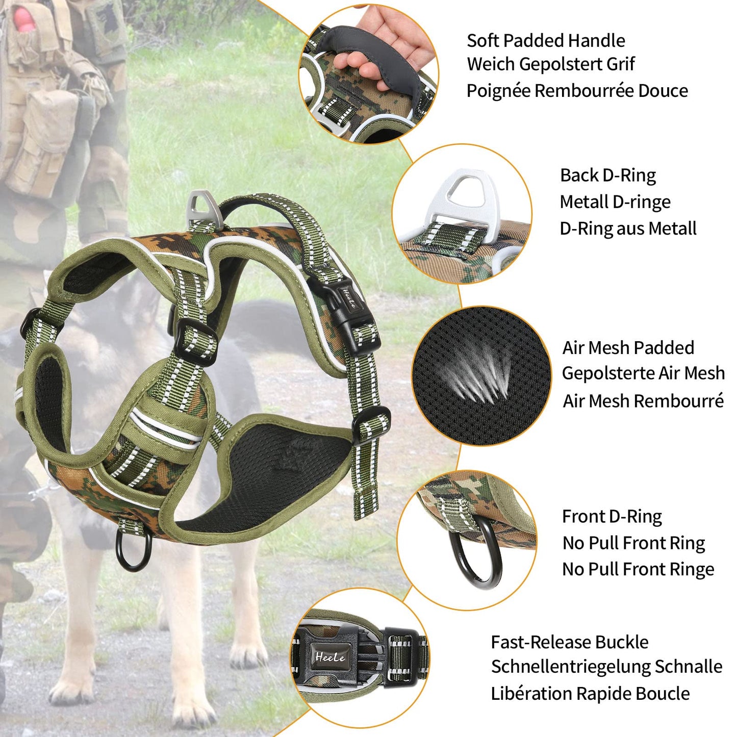Arnés para Perro Tipo Chaleco Transpirable Acolchado Ajustable Antitirones Reflectante Arnes Perro Grande para Adiestramiento Correr, Camuflaje Verde, XL