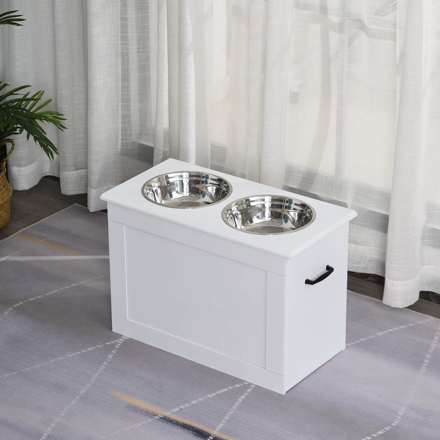 Comedero Perro Elevado con 2 Cuencos de Acero Inoxidable 2x2000 ml Comedero Elevado para Perros Grandes con Tapa Abatible y Almacenamiento Oculto Blanco