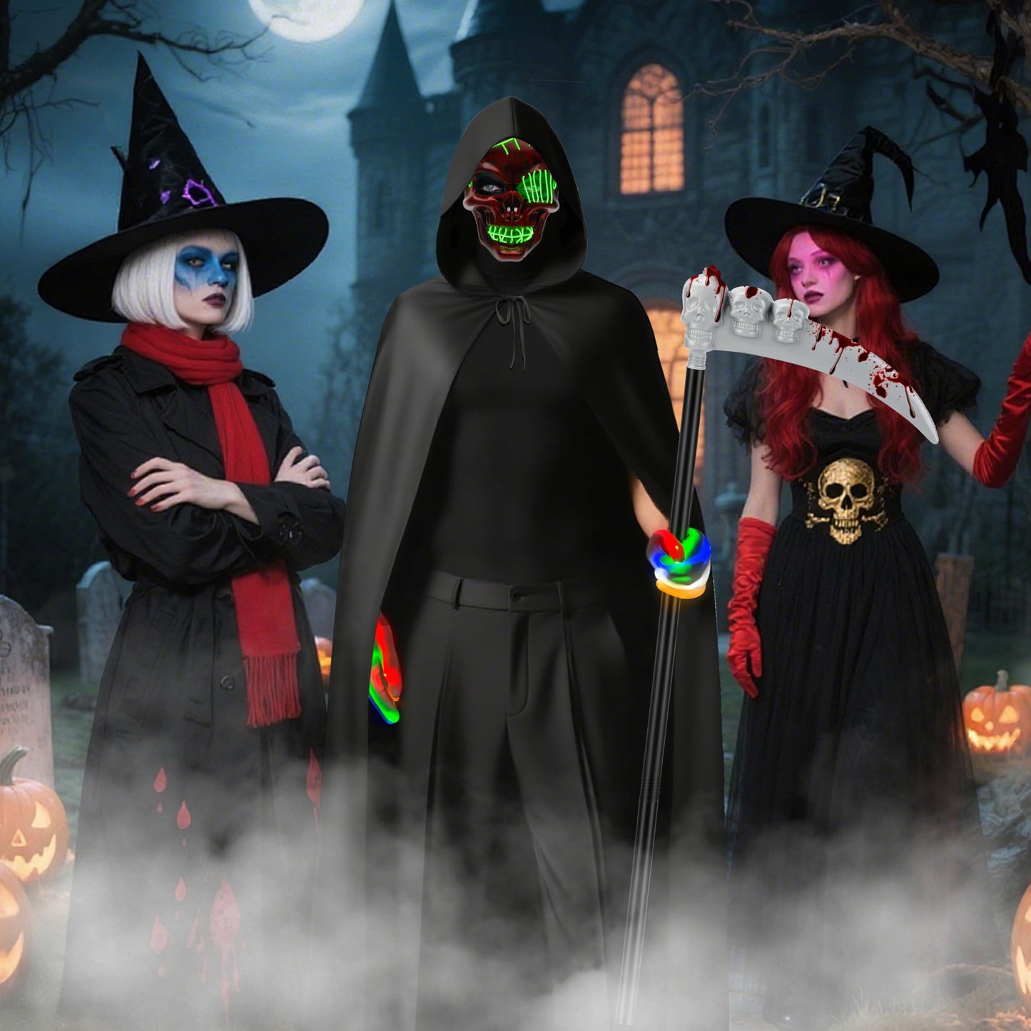 Disfraz Muerte Adulto, Disfraz Grim Reape con máscara de cráneo Guantes luminosos, Capa Negra con Capucha, Halloween Disfraz Hombre para Sensenmann Costume Cosplay Carnaval