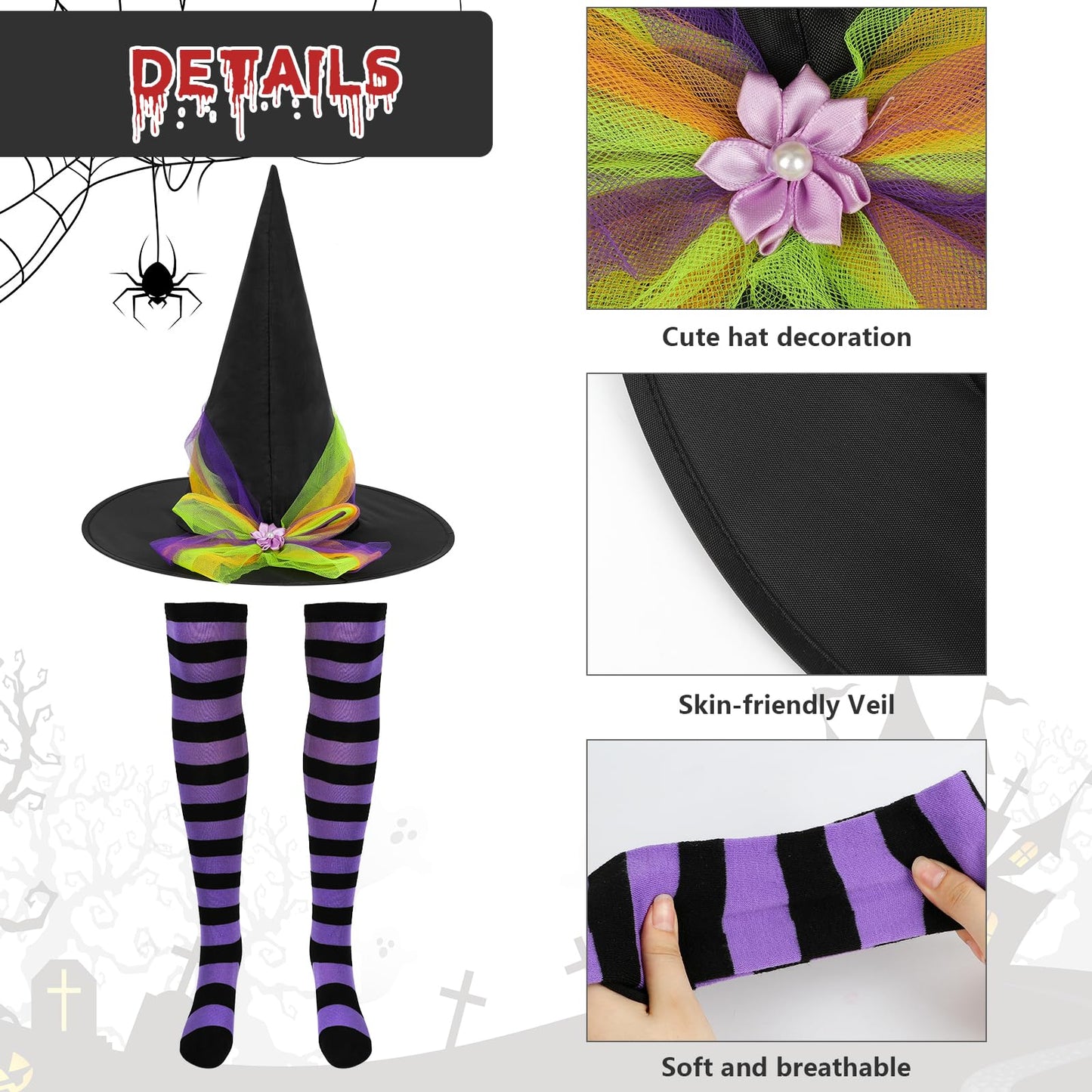 Disfraz Bruja Mujer,Neon Falda Tutú Gorro Bruja y Medias Disfraces Halloween Witch Costume Adulto Disfraces Carnaval Cosplay