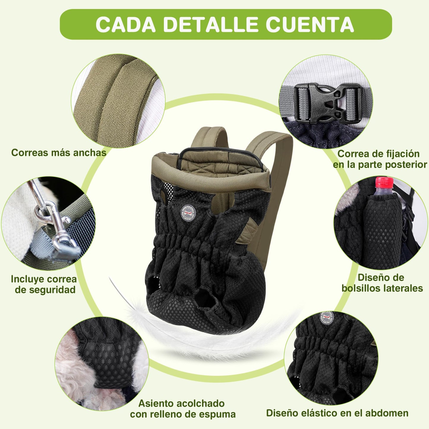 ALLSOPETS Mochila para Perros Pequeños y Medianos – Transportín Perro Ligero, Transpirable y Cómodo con Gancho de Seguridad, Manos Libres para Viaje Senderismo Exterior (Verde Oliva, M)