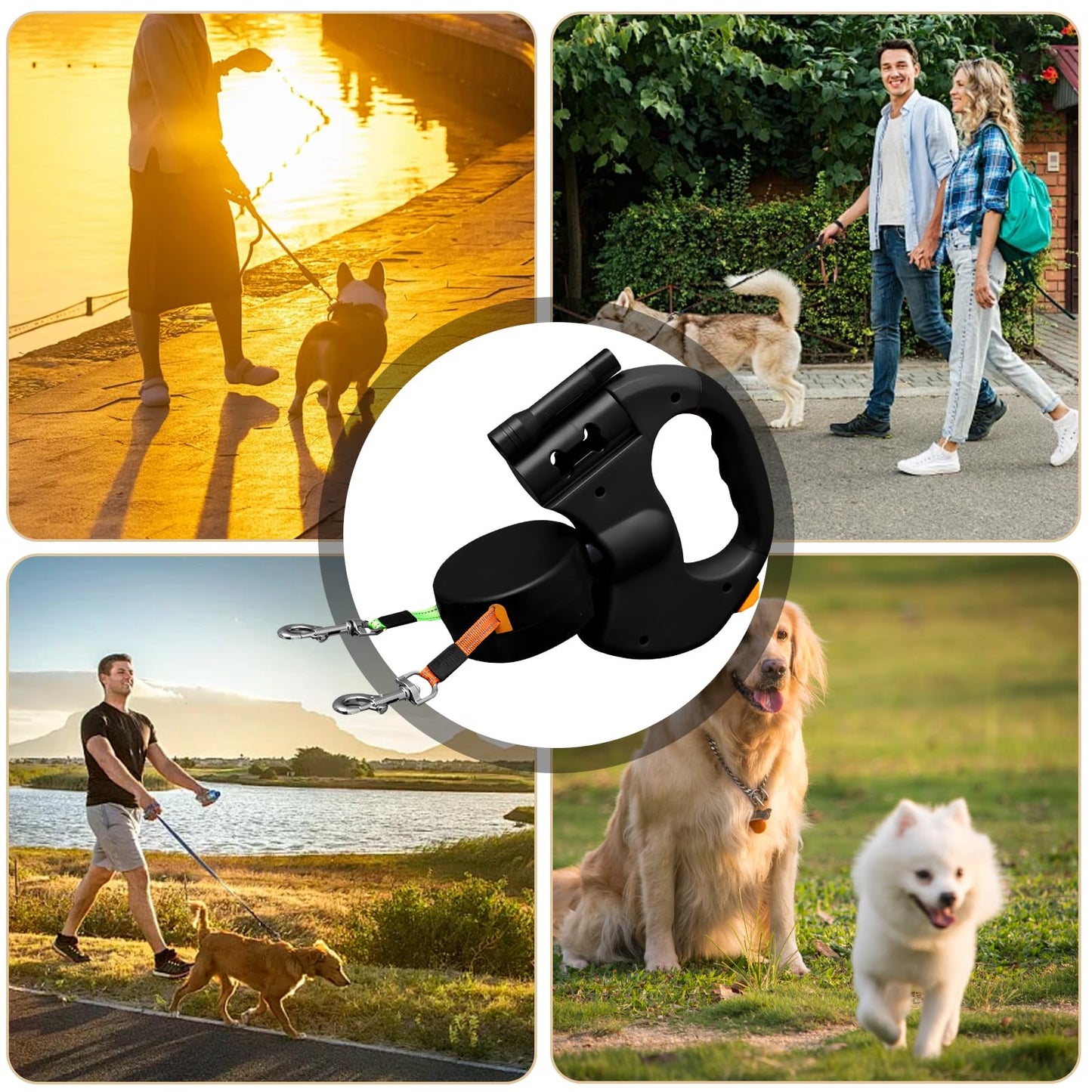 Correa Perro Extensible, Correas Flexi 3M Correa Doble Retráctil para Perro, Correa Extensible Perro Pequeño, con Linterna LED, Asa Ergonómica de Goma, para Perro Grande Mediano y Pequeño, hasta 30KG