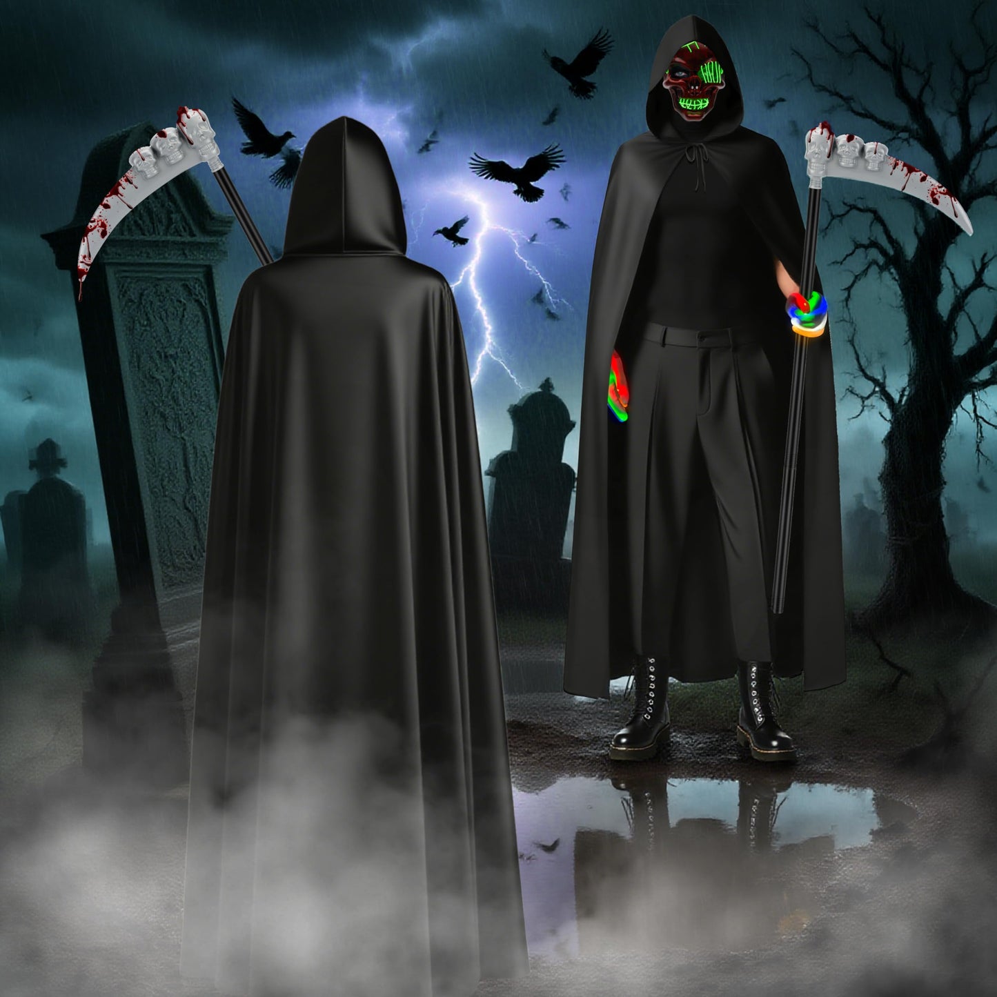 Disfraz Muerte Adulto, Disfraz Grim Reape con máscara de cráneo Guantes luminosos, Capa Negra con Capucha, Halloween Disfraz Hombre para Sensenmann Costume Cosplay Carnaval