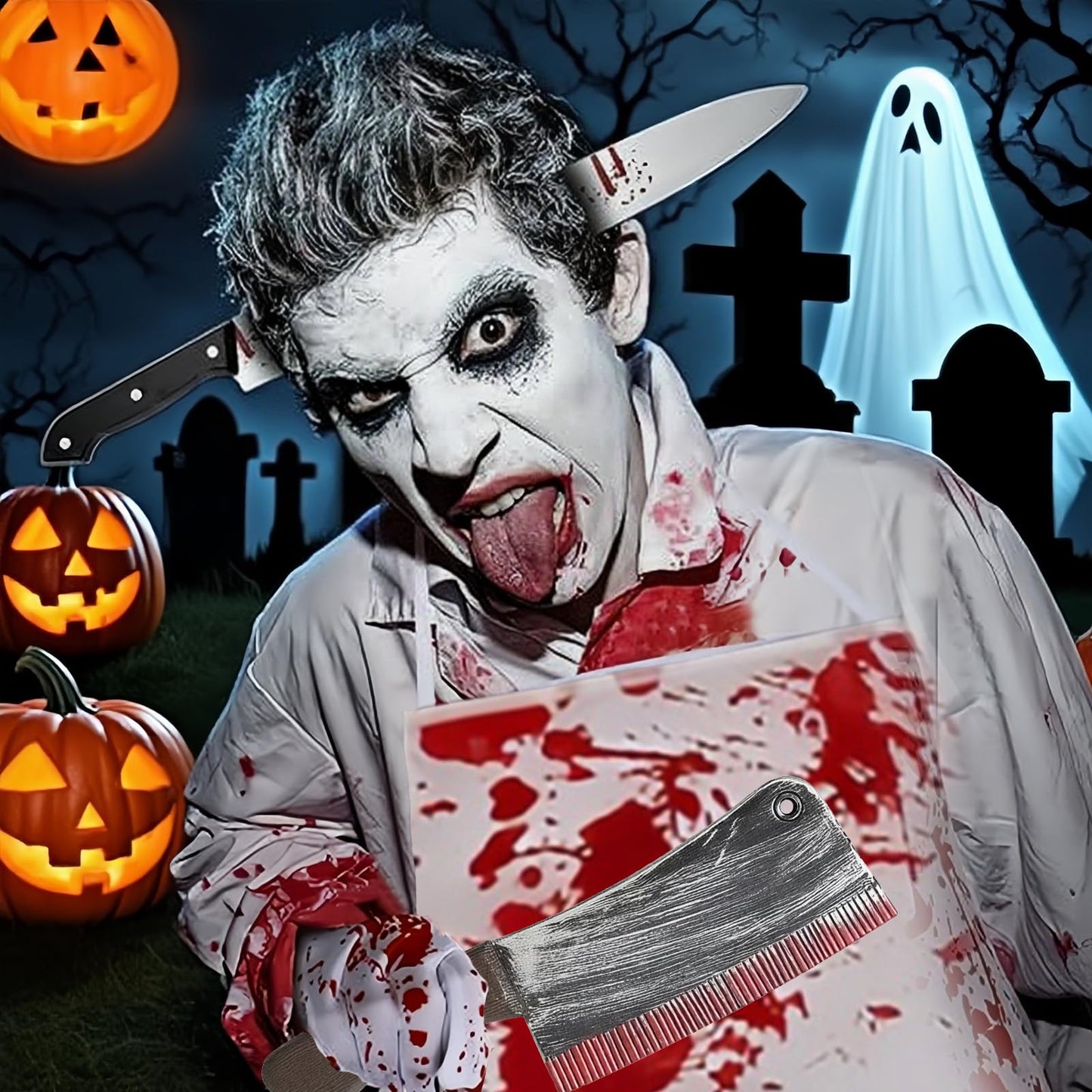 Disfraz 5 Piezas Halloween Hombre Adulto, Ensangrentado Disfraces Terroríficos para Halloween con Delantal Halloween Cuchillo Falsos Máscara Diadema Cuchillo para Adultos Cosplay Fotos Fiesta