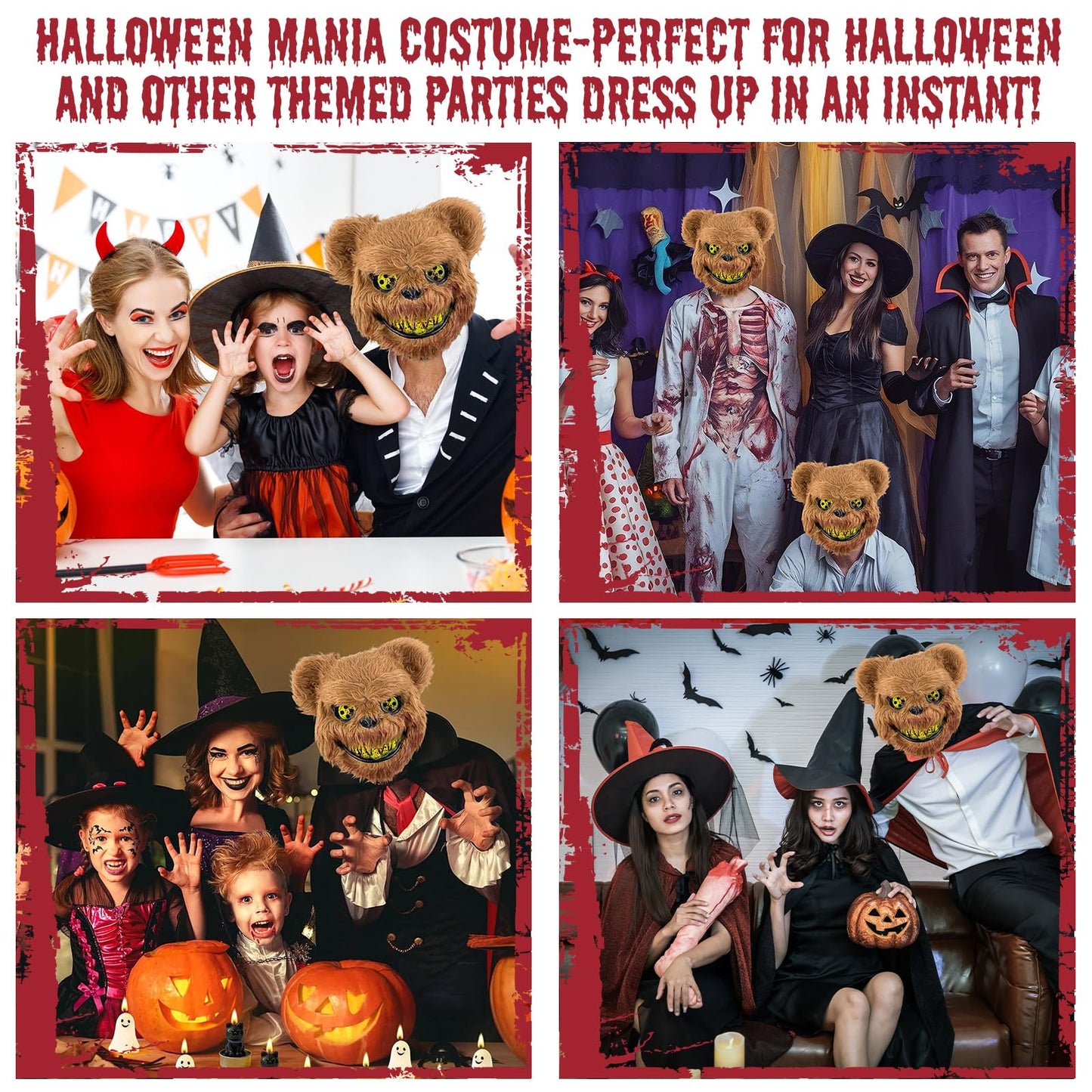 Disfraz Halloween Oso del Terror Disfraces, Disfraz de Oso de Terror, Mascara Halloween Oso, Delantal Sangriento, Sangre Falsa, Cuchillo, Guantes y Tatuaje de Cicatriz de Halloween Pegatinas