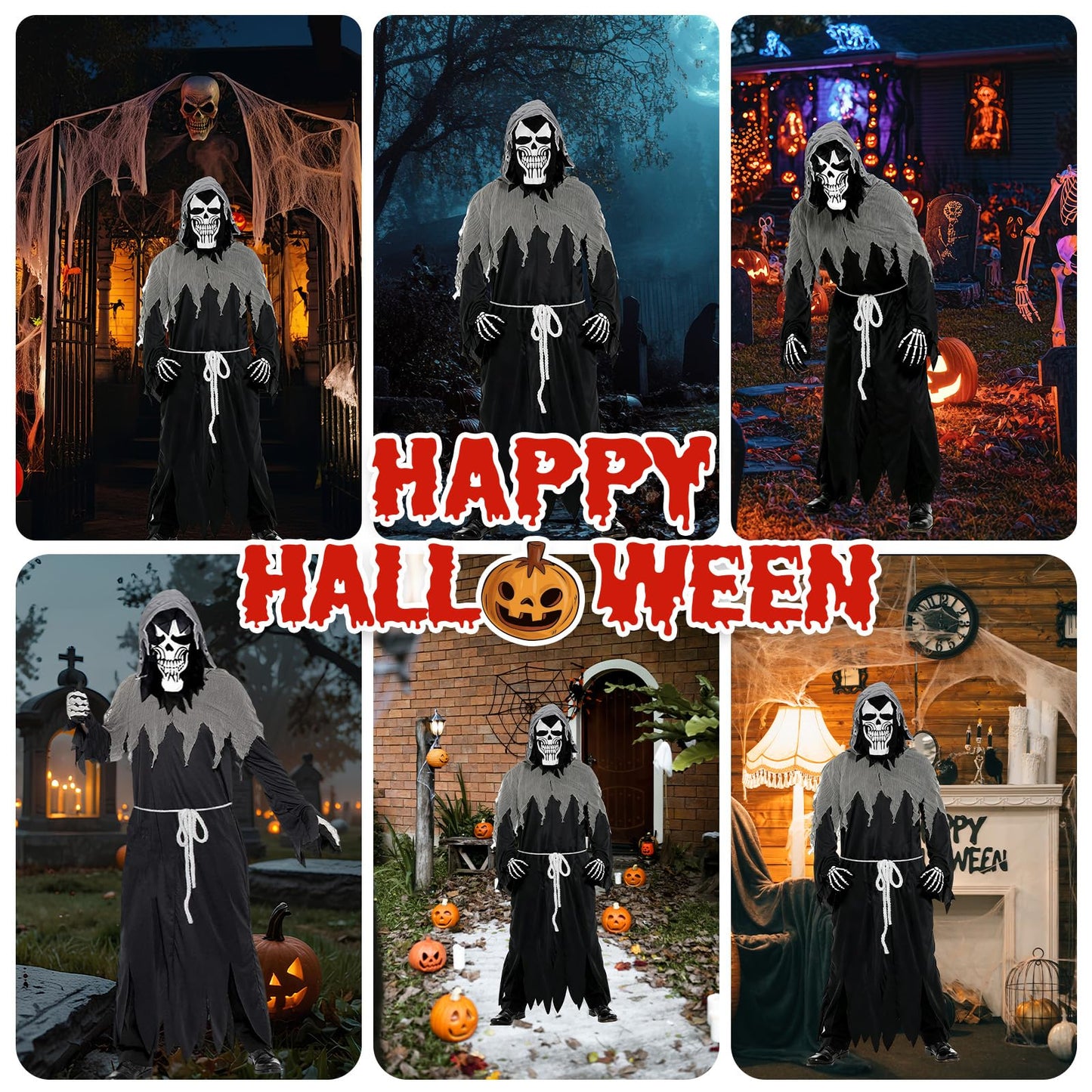 Disfraz Halloween De Adulto, Disfraces Costume Con Máscara De Calavera, Guantes, Disfraz Fantasma Adulto Con 30 Pegatinas Tatuaje Para Fiesta De Halloween y 165-185cm(XL)