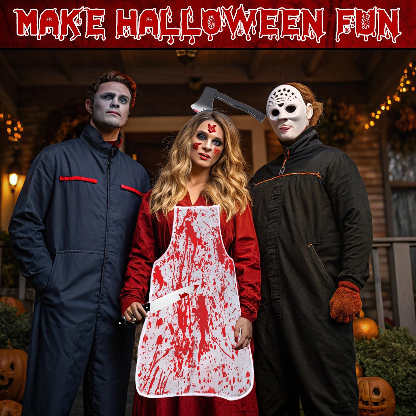 Disfraz Halloween Hombre Adulto Mujer – Halloween Costume Miedo Carnicero con Diadema Hacha, Cuchillo y 10 Tatuajes, Disfraz Adulto Ideal para Fiestas, Cosplay y Eventos Temáticos