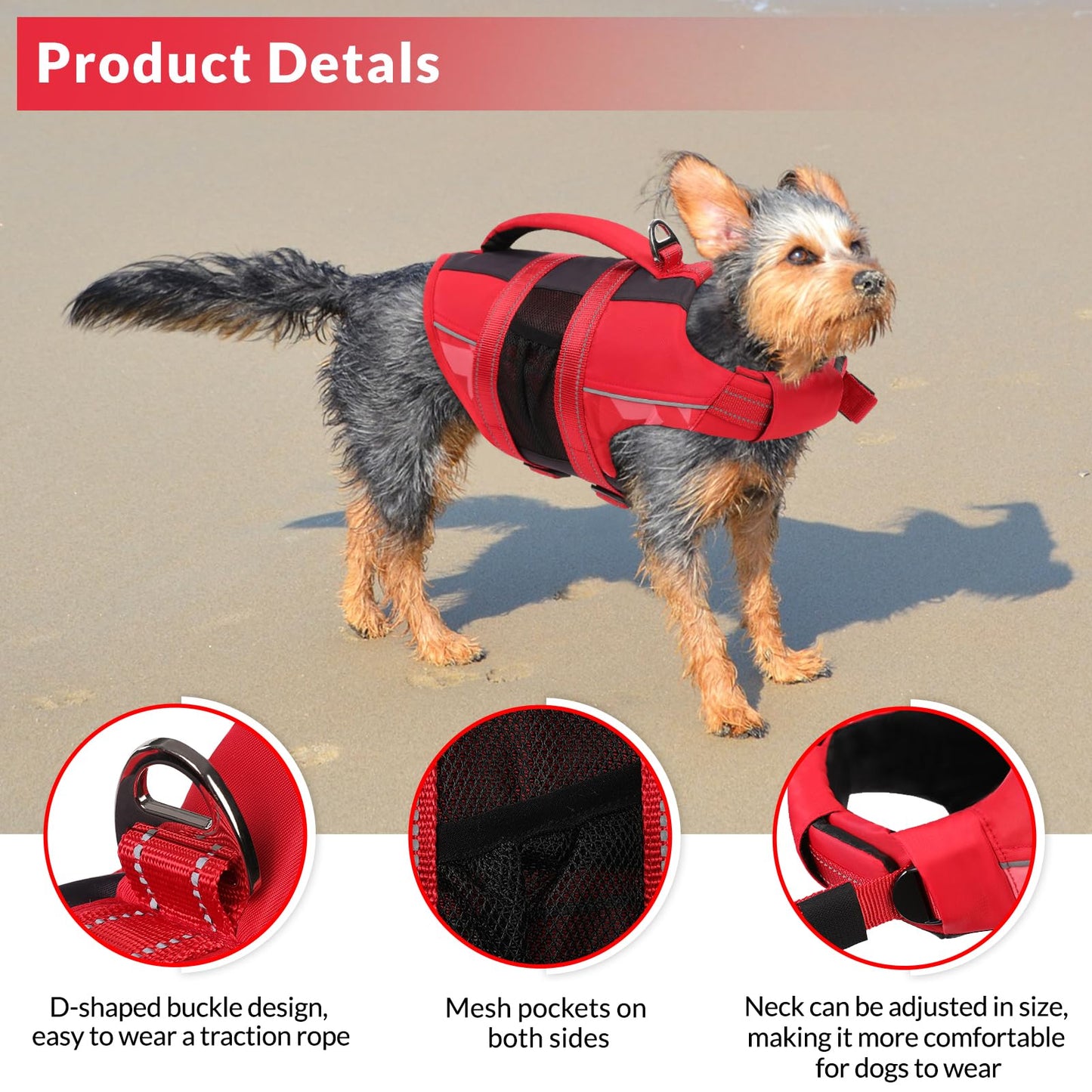 Chalecos Aalvavidas para Perros, Flotador Ajustable para Mascotas con Asa, Traje de Baño de Seguridad para el Agua para Navegar en la Piscina de la Playa, Rojo, M